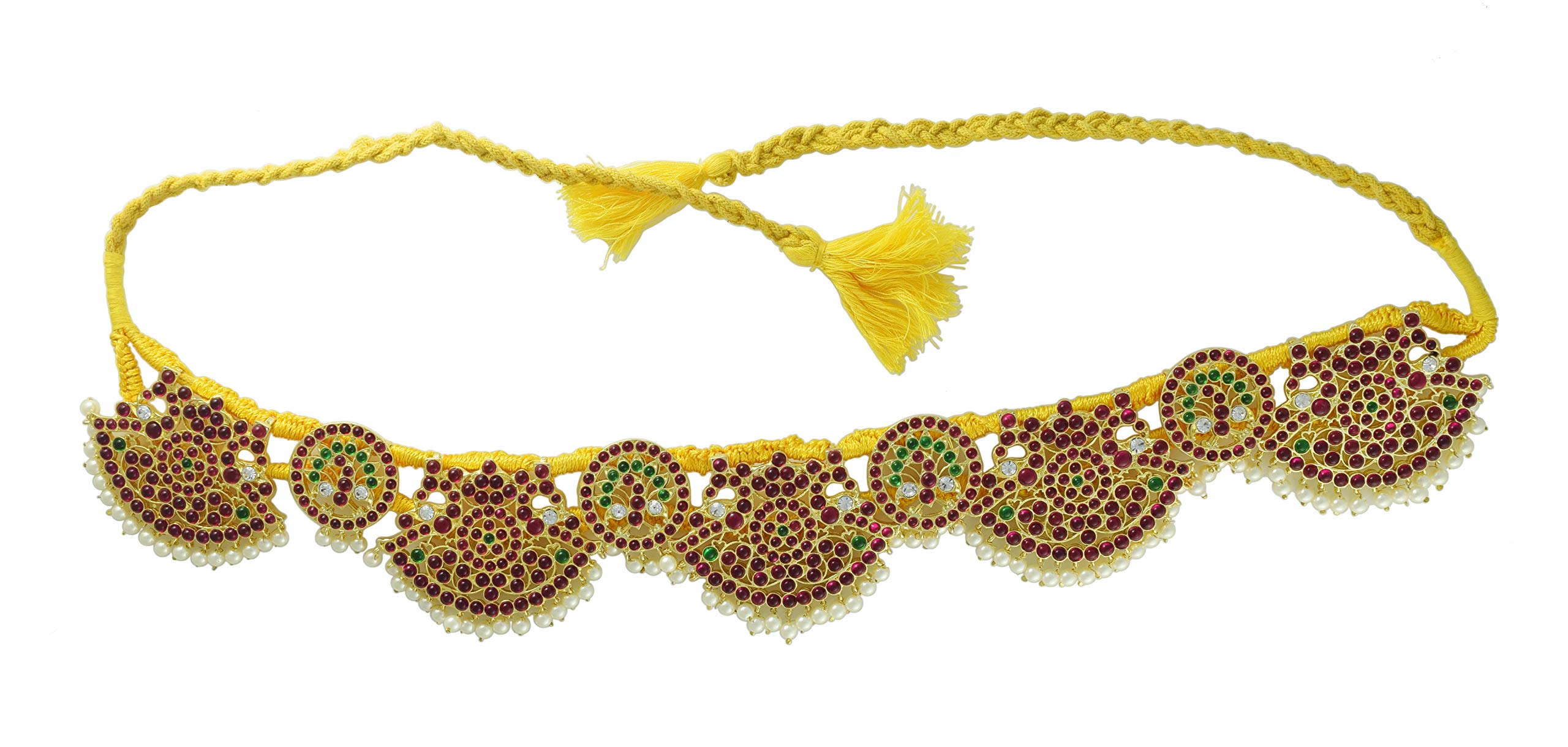 Yellow Copper Bharatanatyam Jewellery Kamarbandh with Green and Red Kemp Stones for Women