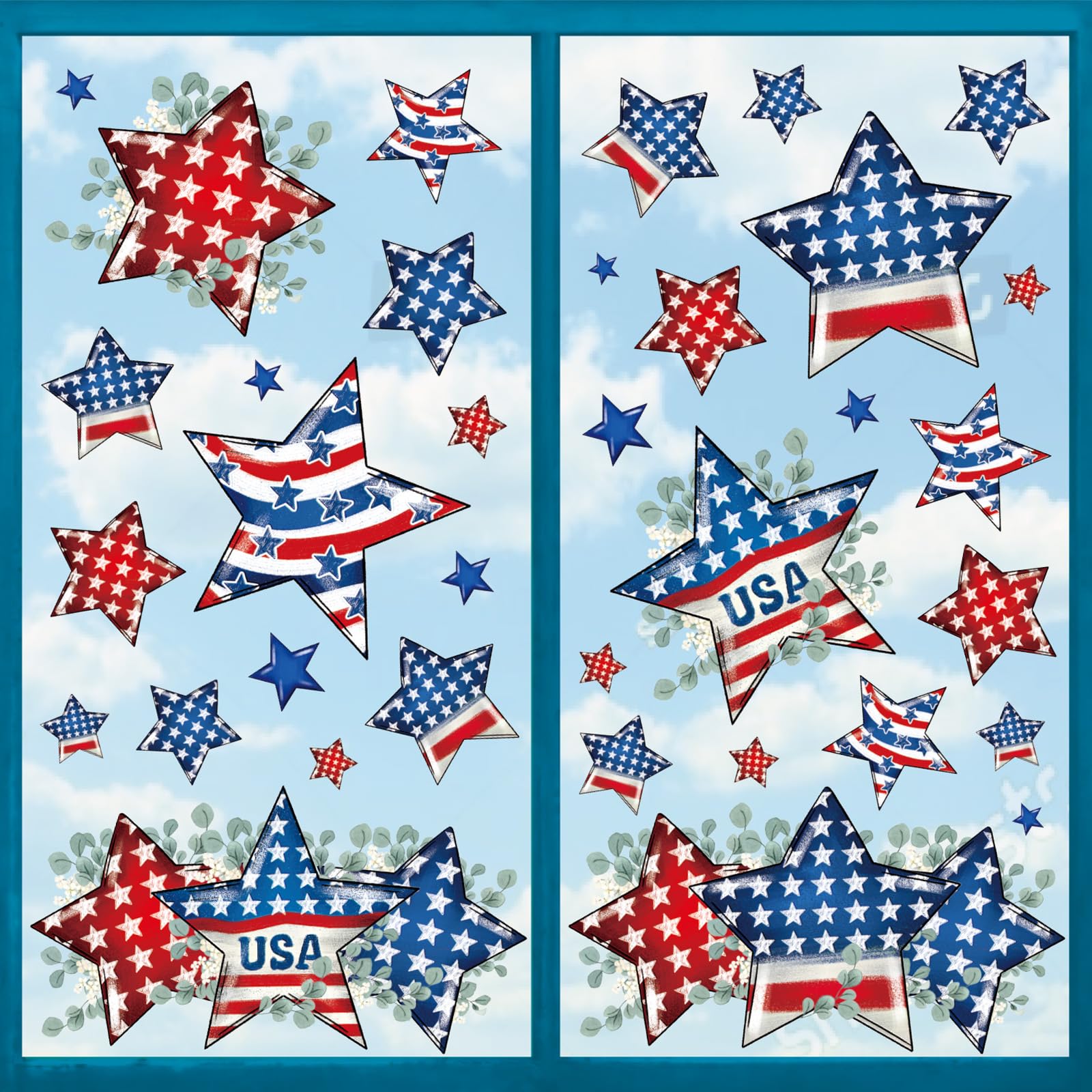 JarThenaAMCS 9 Sheets Patriotic Star Window Cling Stickers Red Blue USA Star Eucalyptus Window Decals 4th of July Reusable Decoration for Independence