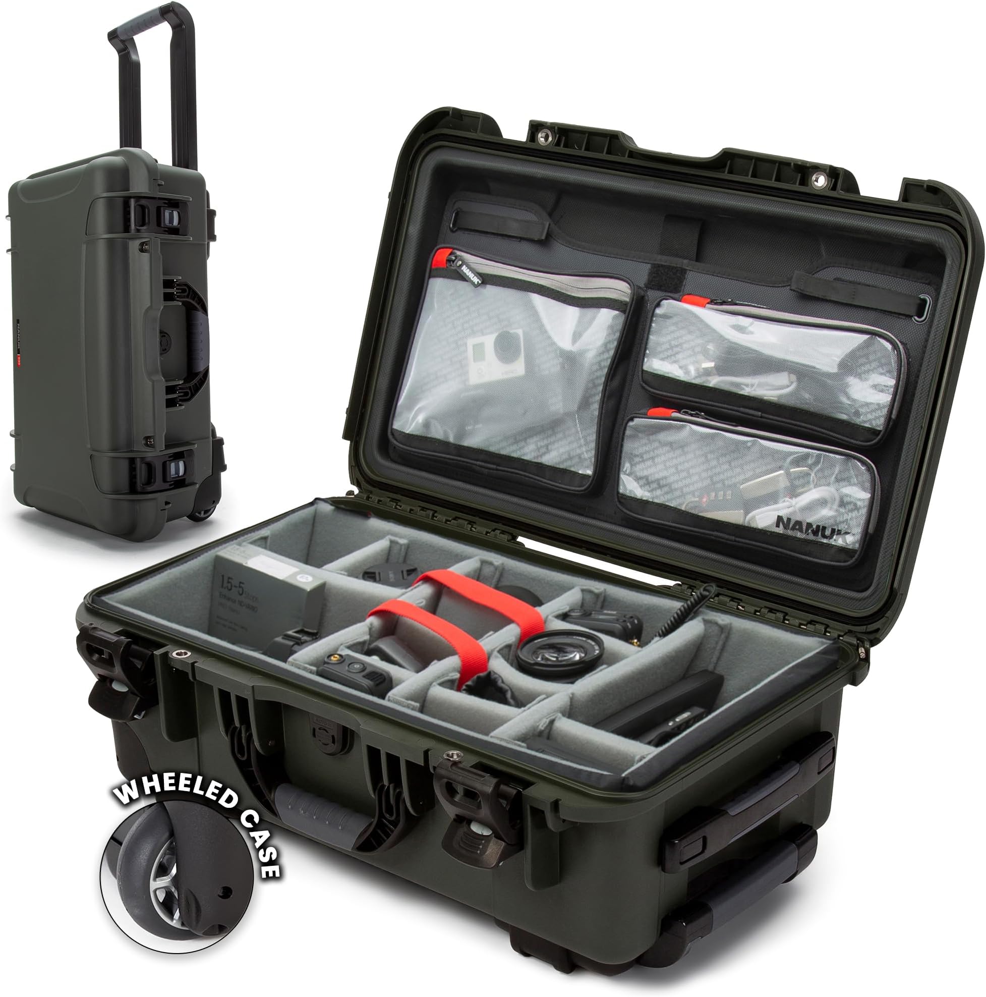 Nanuk 935 Pro Photo Kit - Waterproof Carry-On Hard Case with Lid Organizer and Padded Divider & Wheels, Olive