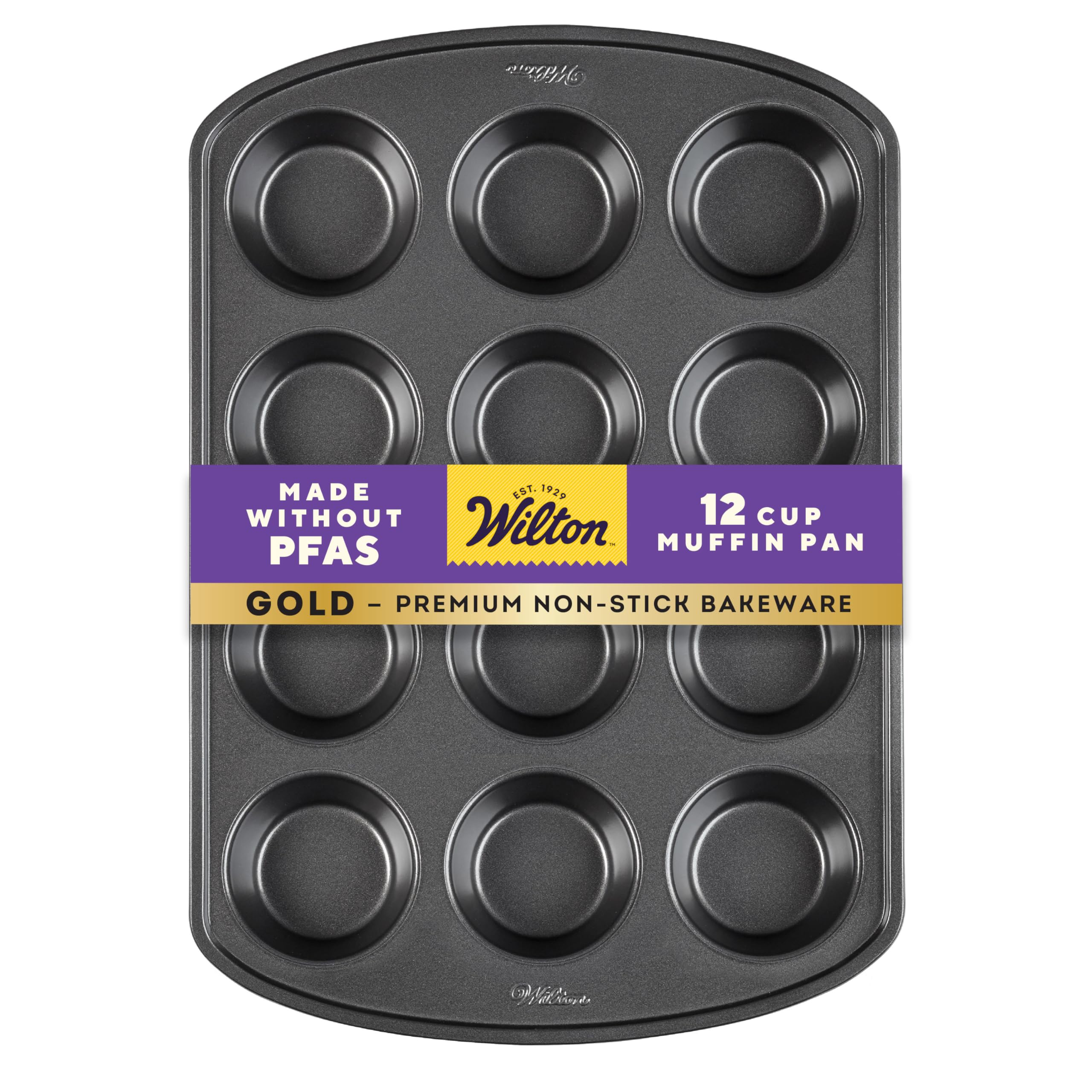 Wilton Gold Non-Stick 12 -Cup Muffin Pan, Stainless Steel Bakeware, Made without PFAS, 10.5 x 15 x 1.4 in, Packaging May Vary