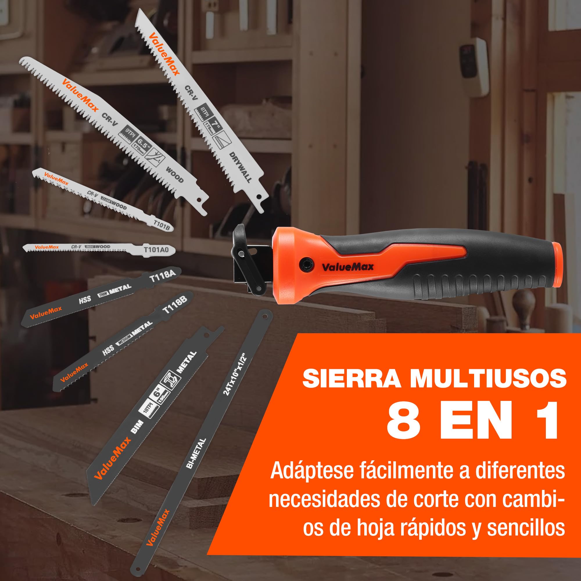 ValueMax Sierra de Mano Multifunción 8 en 1 con 8 Hojas de Sierra, Mango Ergonómico, Estructura Segura, Para Cortar Madera, Metal, Yeso, Paneles de Yeso y Más