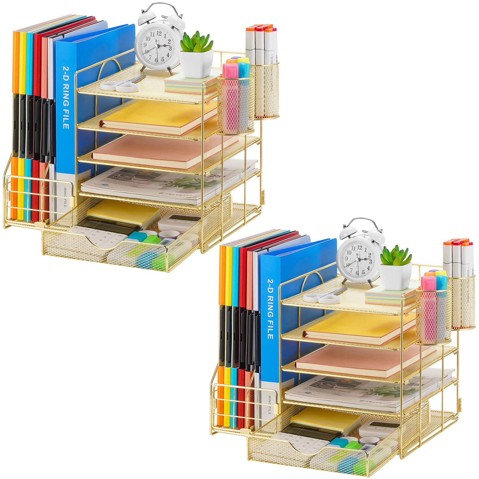 Marbrasse Desk Organizer with File Holder, 5-Tier Paper Letter Tray Organizer with Drawer and 2 Pen Holder, Mesh Desktop Organizer and Storage with Magazine Holder for Office Supplies (Gold 2p)