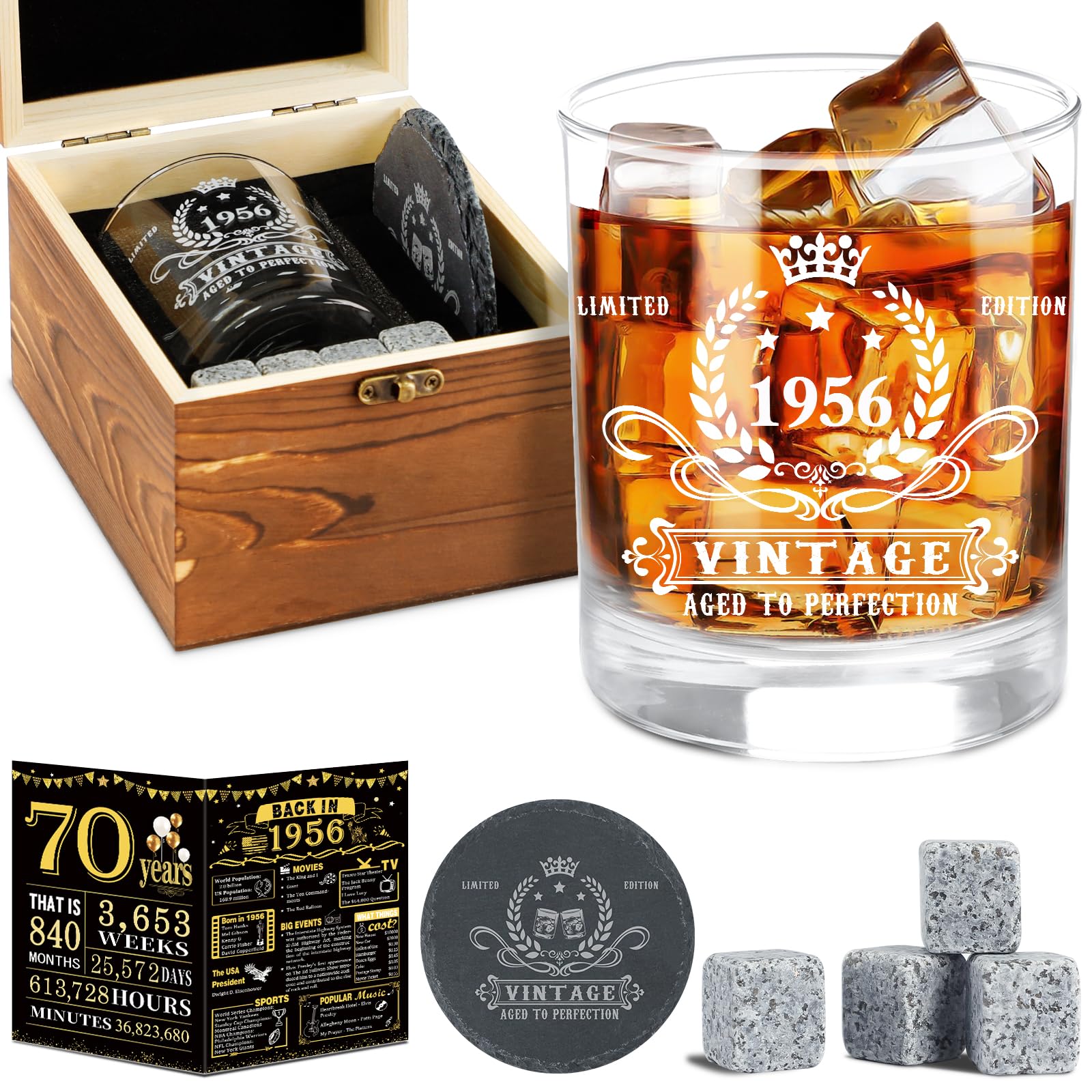 YeohJoy 70th Birthday Gifts for Men,Vintage 1956 Whiskey Glass Set,Wood Box & Whiskey Stones & 1956 Poster Anniversary Card & Coaster,Birthday Gifts