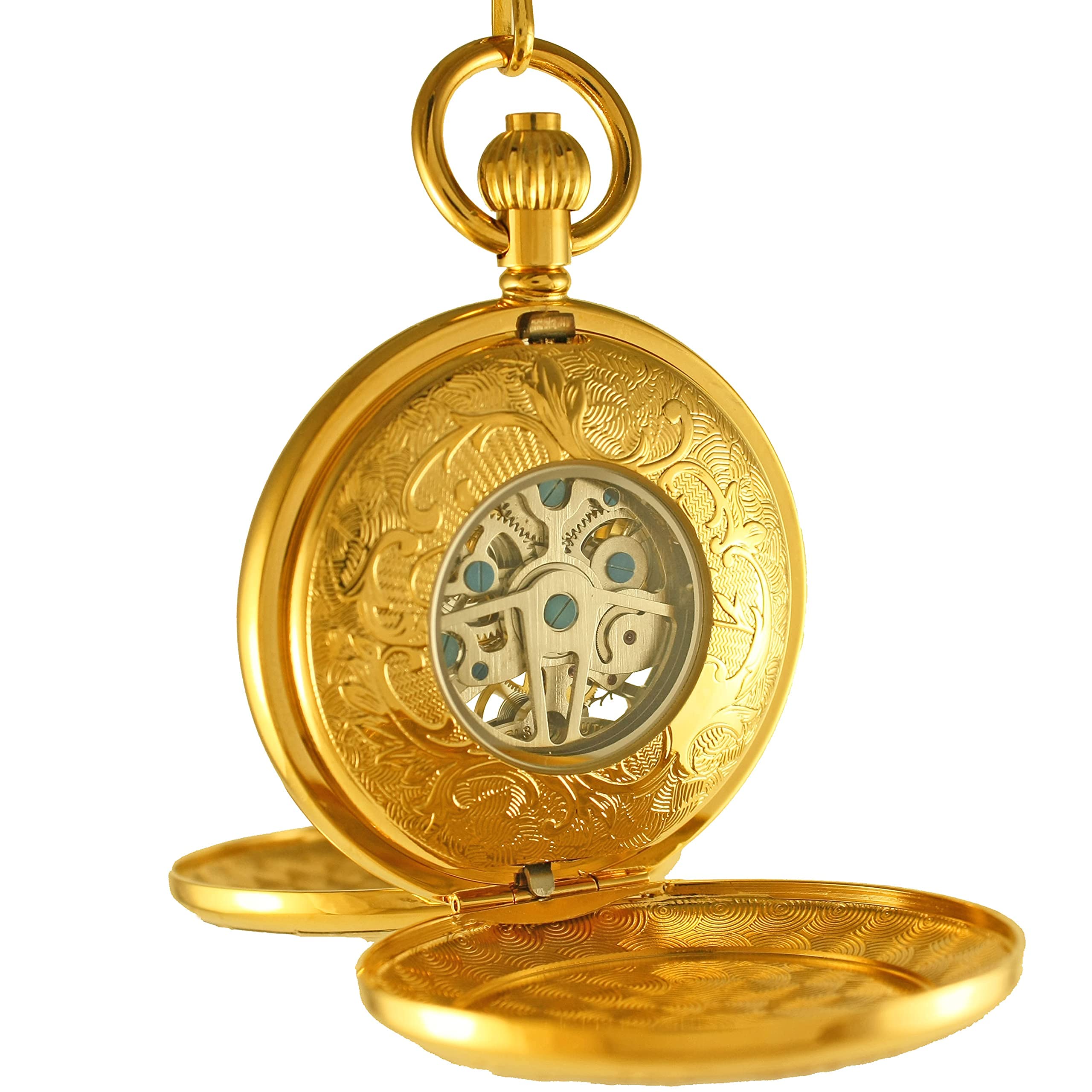 OGLE Vintage doble cobre cubierta caso doble movimiento esqueleto cadena Fob auto bobinado automático reloj de bolsillo mecánico