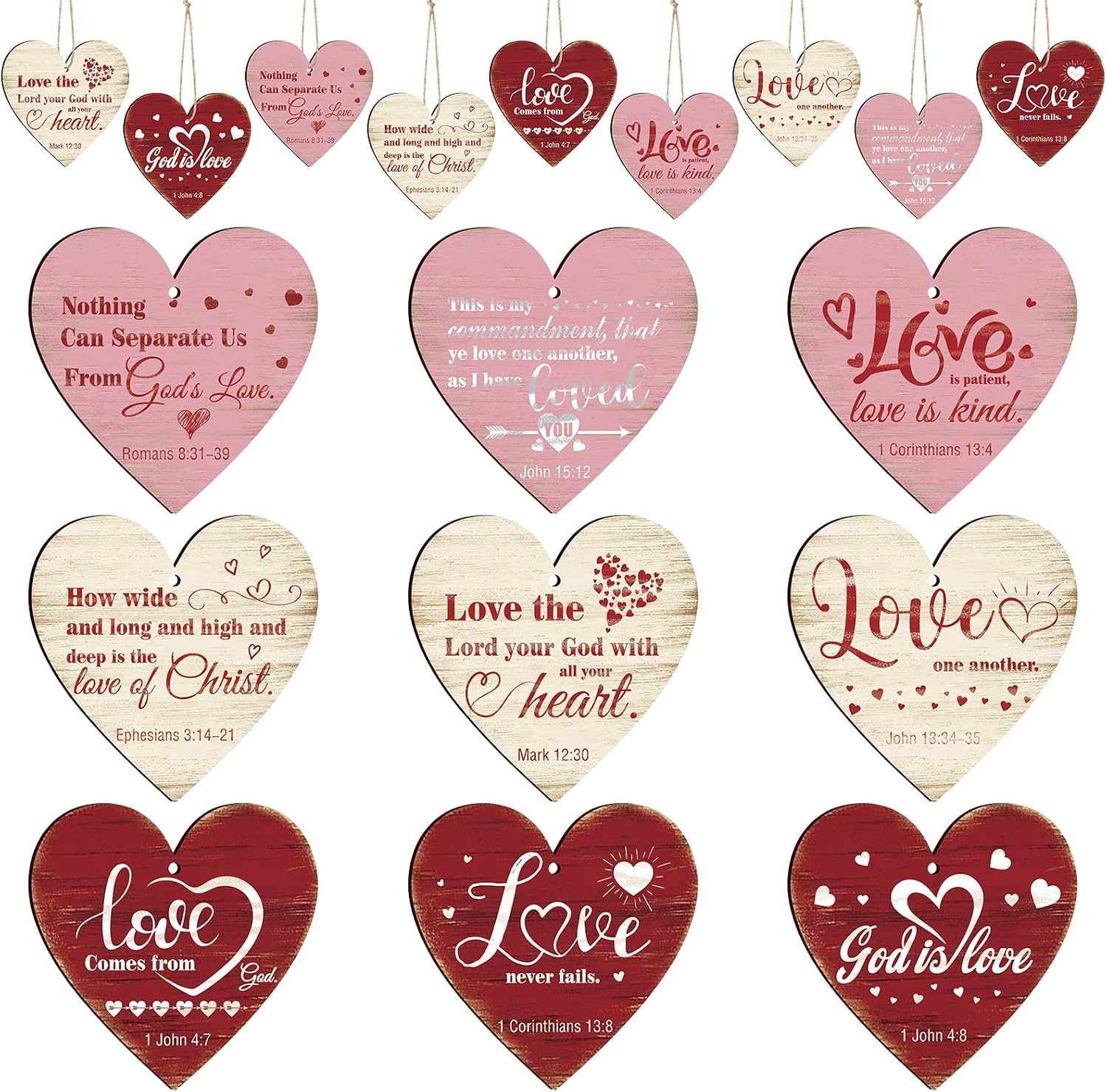Beeveer 45 Pcs Christian Valentine's Day Decorations Wooden Bible Verse Heart Ornaments Hanging Religious Heart Shaped Valentines Tree Ornament with Rope for Church Gift Wedding Home Decor(Classic)