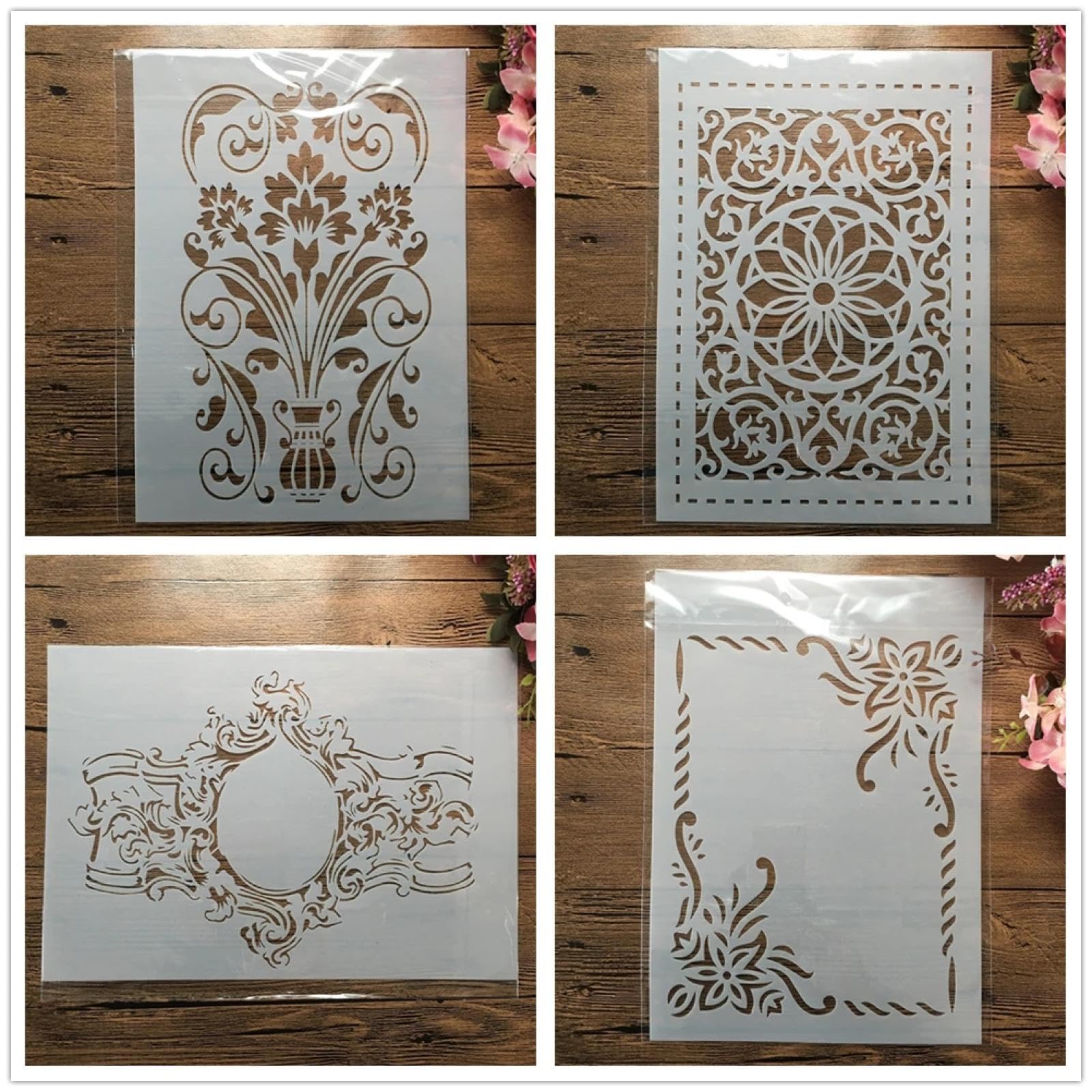 Szablony do malowania, A4, 29 cm, vintage, kwiatowa, krawędź, wielokrotnego użytku, do malowania na drewnie, rzemiośle, płótnie, papierze, tkaninie, meblach, ścianach, styl E