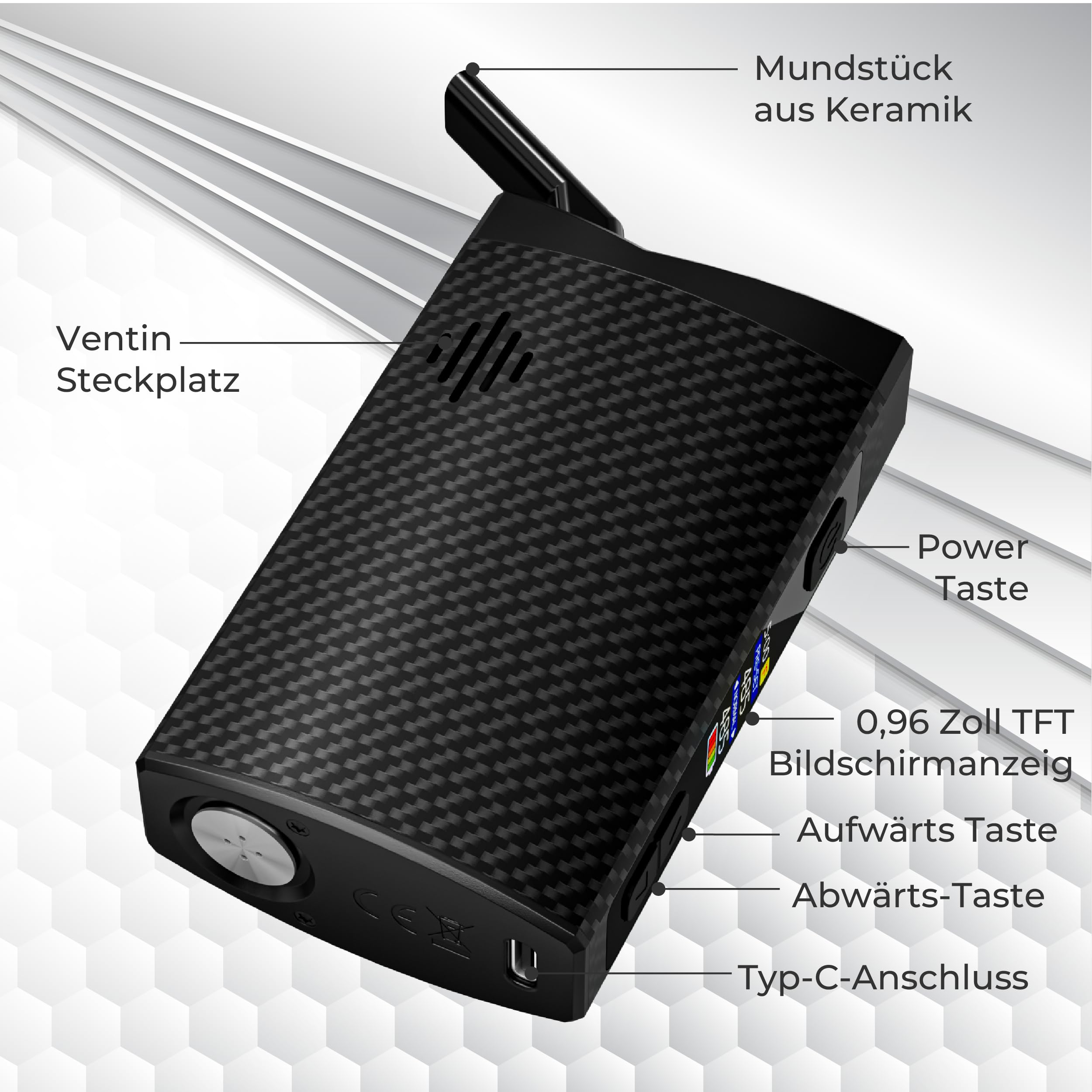 Vaporizer Cannabis IOUQ Mars Kit Kräuter Verdampfer mit LCD Display, präziser Temperaturregelung 100–250 °C, Keramik-Heizkammer &3000mAh USB-C Schnellladung (Matte Black)