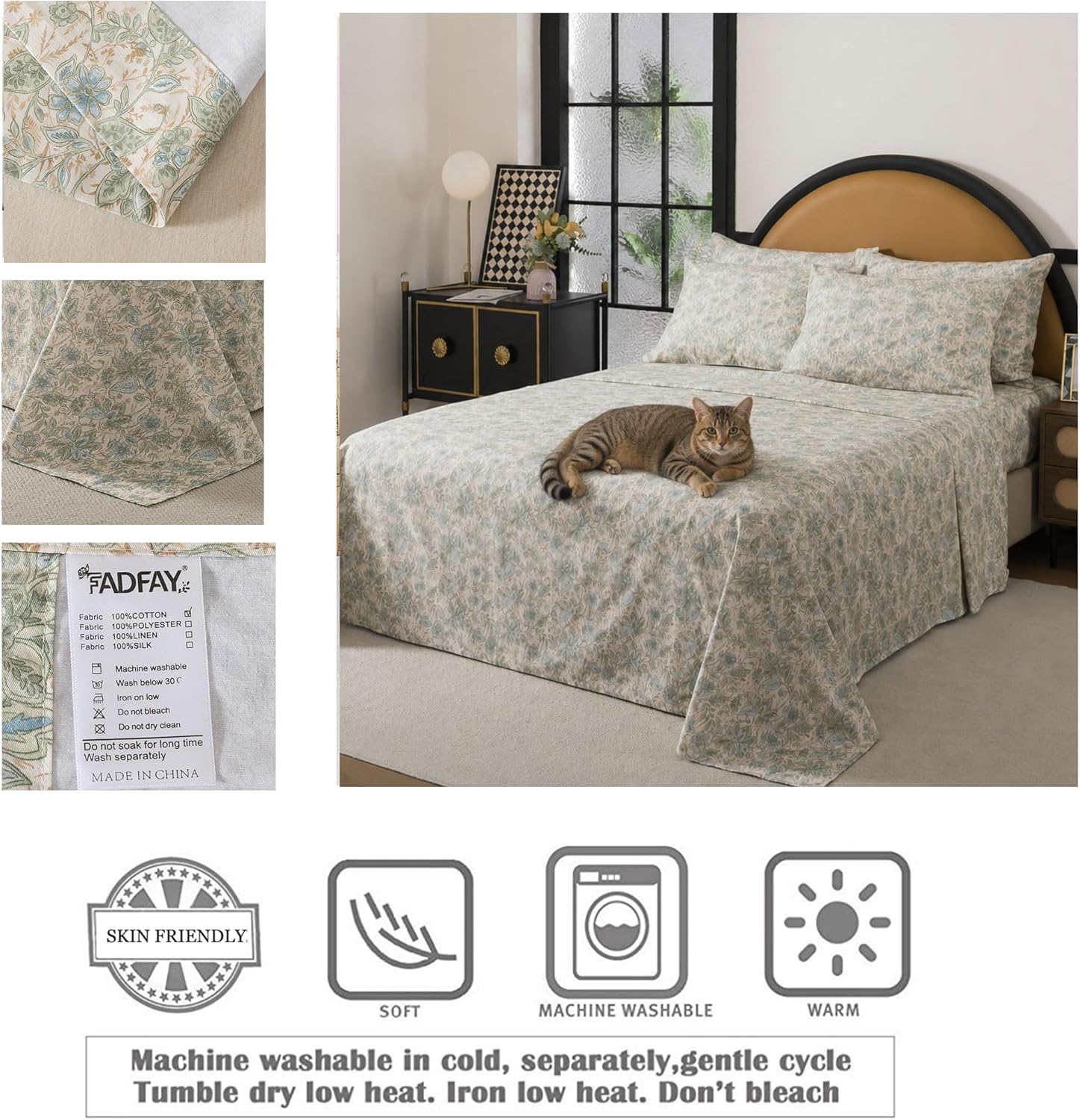 FADFAY Sheets Set Queen 100% Cotton, 4-Piece Shabby Paisley Floral Bedding Vintage Sage Green Paisley Bed Sheet Set, Botanical Farmhouse Bedding Soft & Breathable Deep Pocket Fitted Sheet, Queen Size