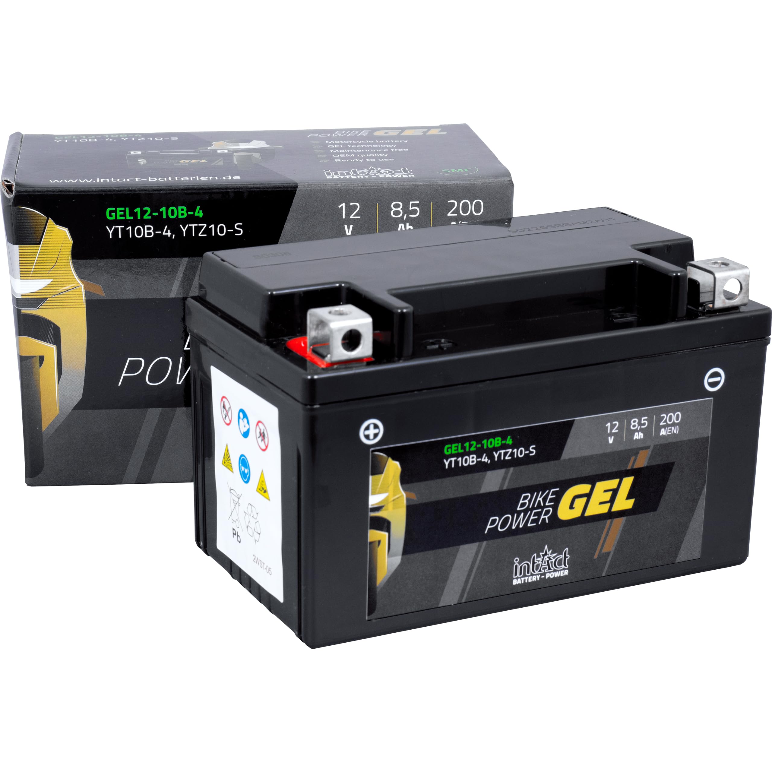 intAct Bike-Power GEL12-10B-4, CT10B-4, Batería de moto 12V 8,5Ah 200A (EN), Batería de moto de gel sin mantenimiento con un 30% más de potencia de arranque, para scooter, moto, quad