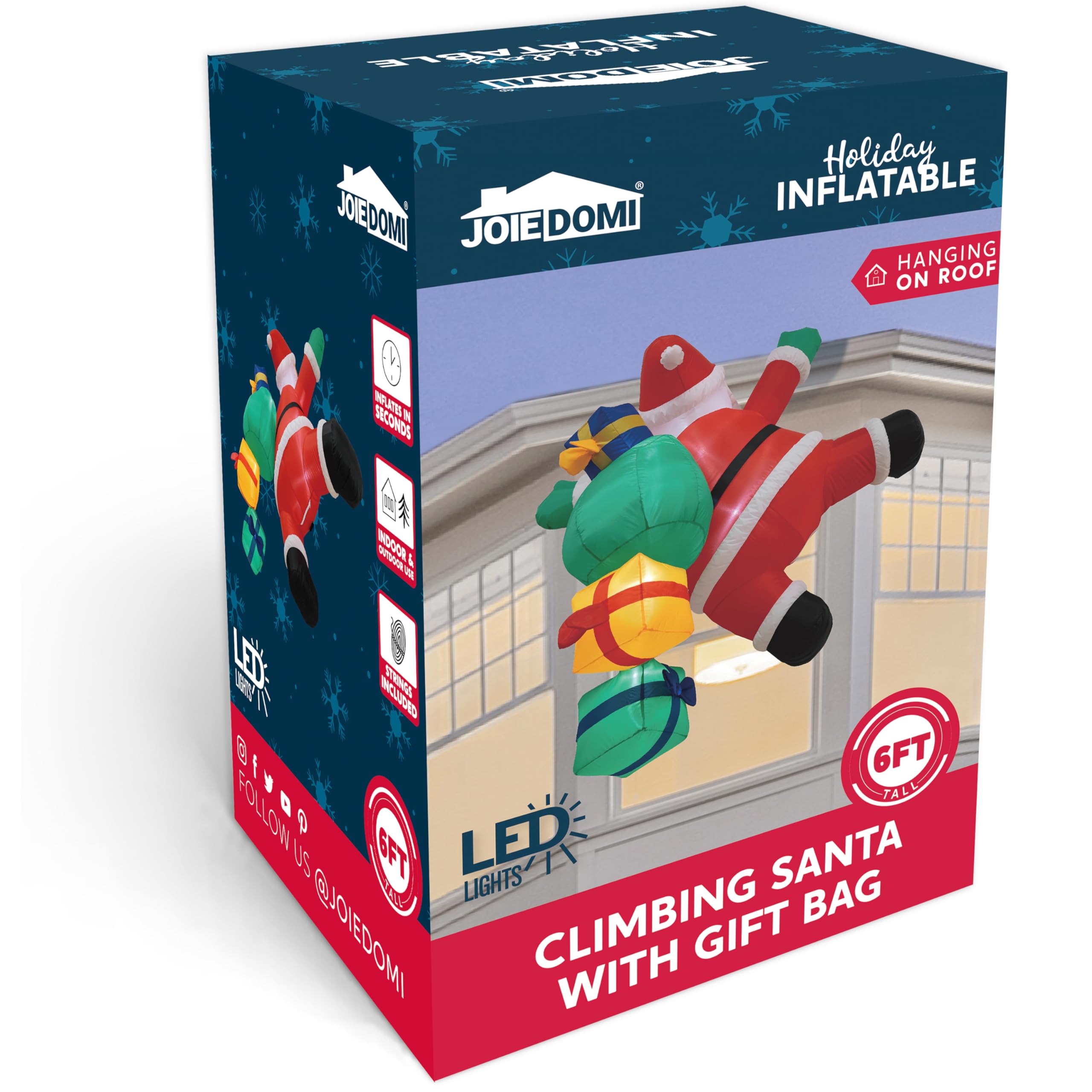 JOIEDOMI Papá Noel Inflable de Navidad de 6 pies de Alto con Bolsas de Regalo, Papá Noel Inflable para Colgar en Exteriores con Luces LED integradas para decoración de Fiestas navideñas