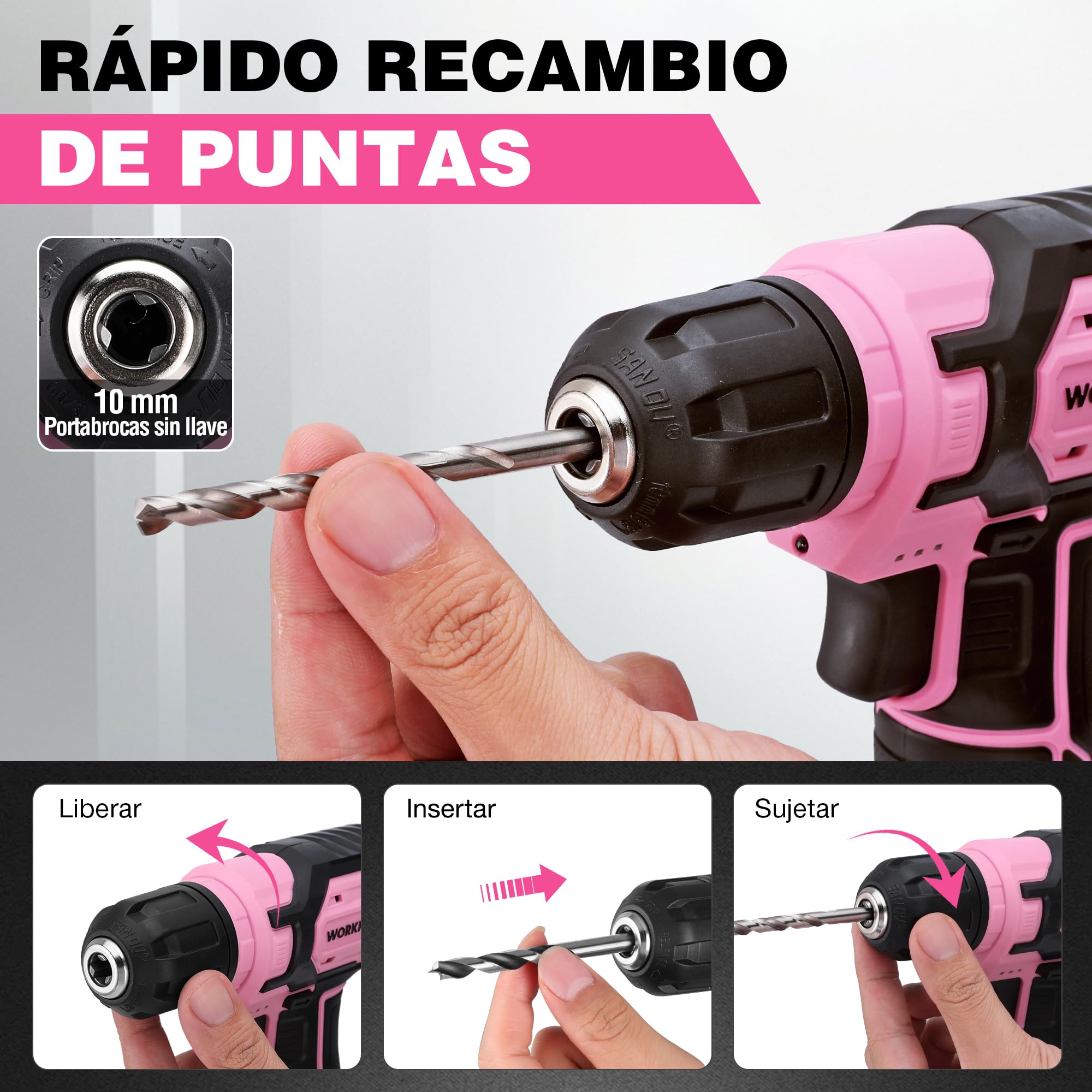 WORKPRO Atornillador Eléctrico 8V con 21 Accesorios, Rosa