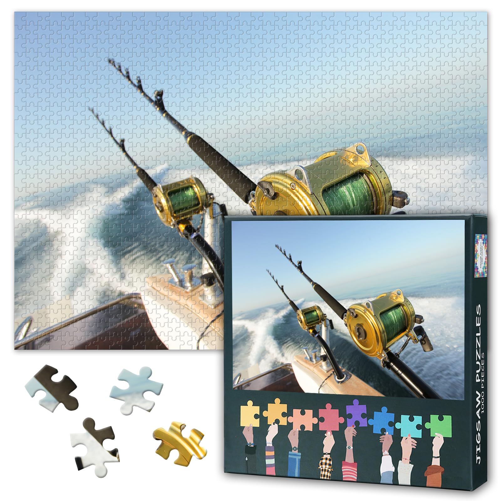 Jigsaw Puzzle 1000 Pieces for Adults Black and White Big Game Fishing Artwork Wall Decor Vintage Fishing Reels and Rods Painting Coastal Nautical Puzzle Challenge 27.5 x 19.7 Inches โ image 1