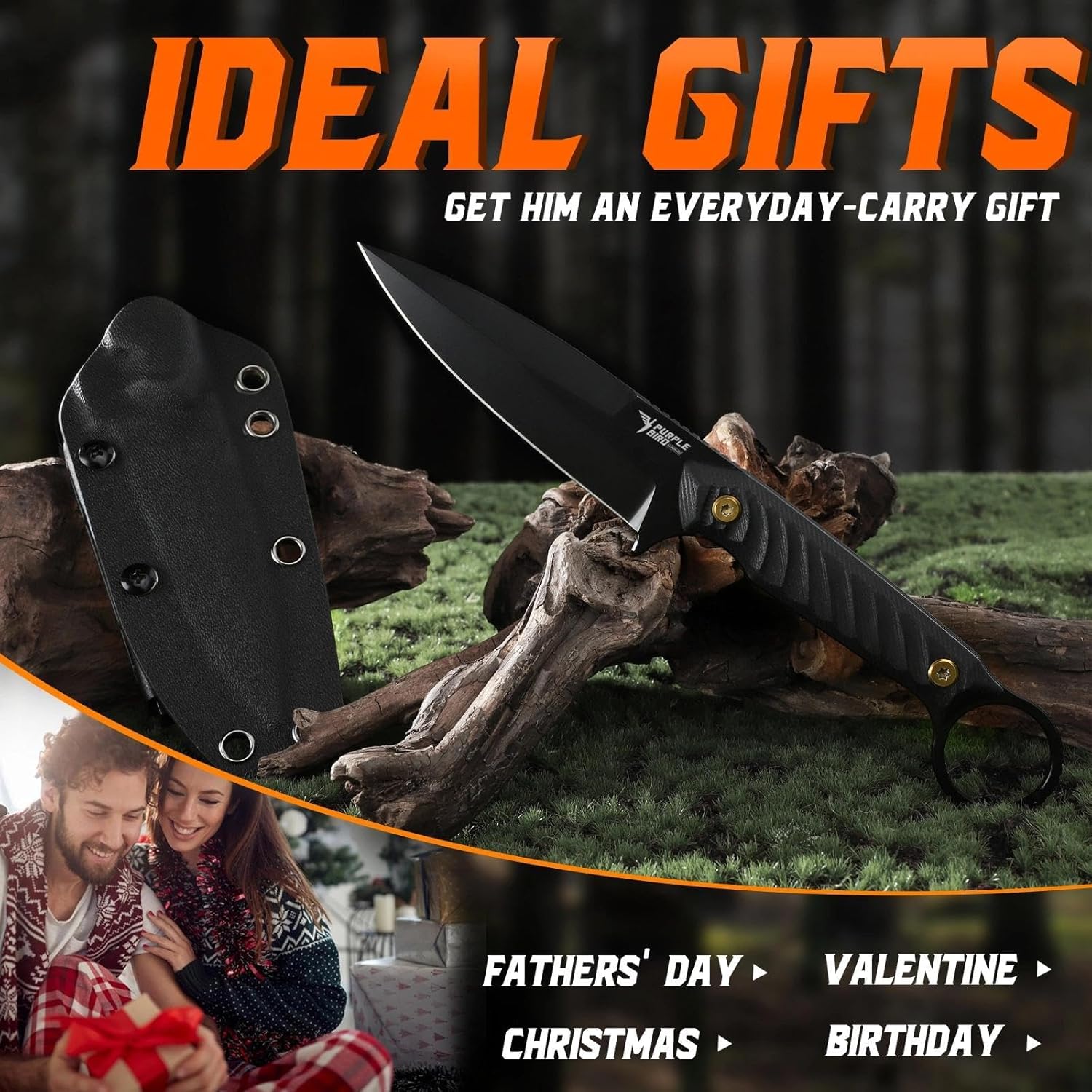 PURPLEBIRD EDC Fixed Blade Knife with Kydex Sheath - Full Tang Hunting Knife for Men with TiN-Coated 440C Blade & G10 Handle, Black Camping Knives for Survival Bushcraft, Christmas Gift for Men
