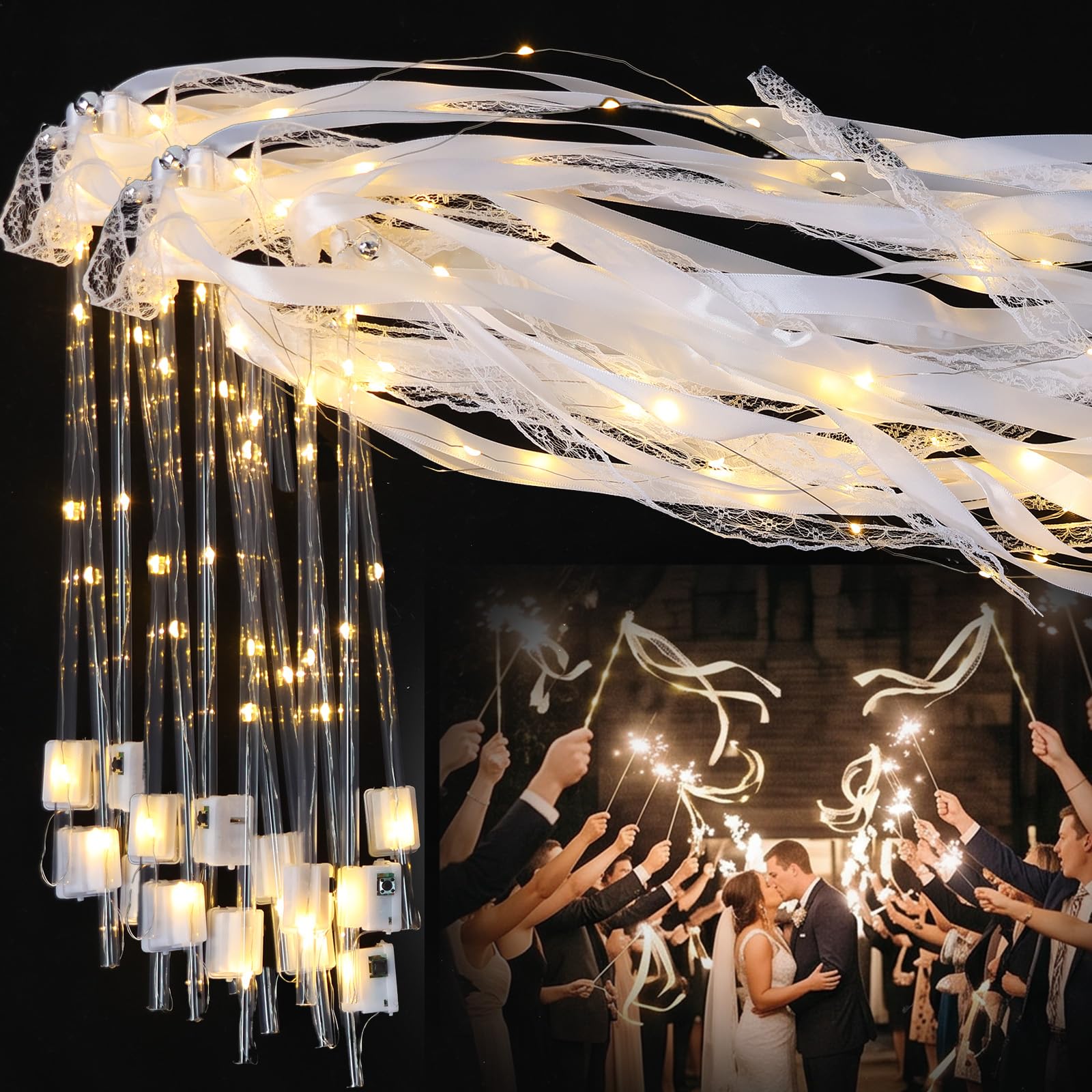 Kuanght White 30Pcs Light Up Wedding Wands With Ribbons, Led Lights And Bells, Romantic Wedding Wands Ribbon With Three Lights Modes, Light Up Wand For New Year, Birthday Party, Concert And Celebrations(White)