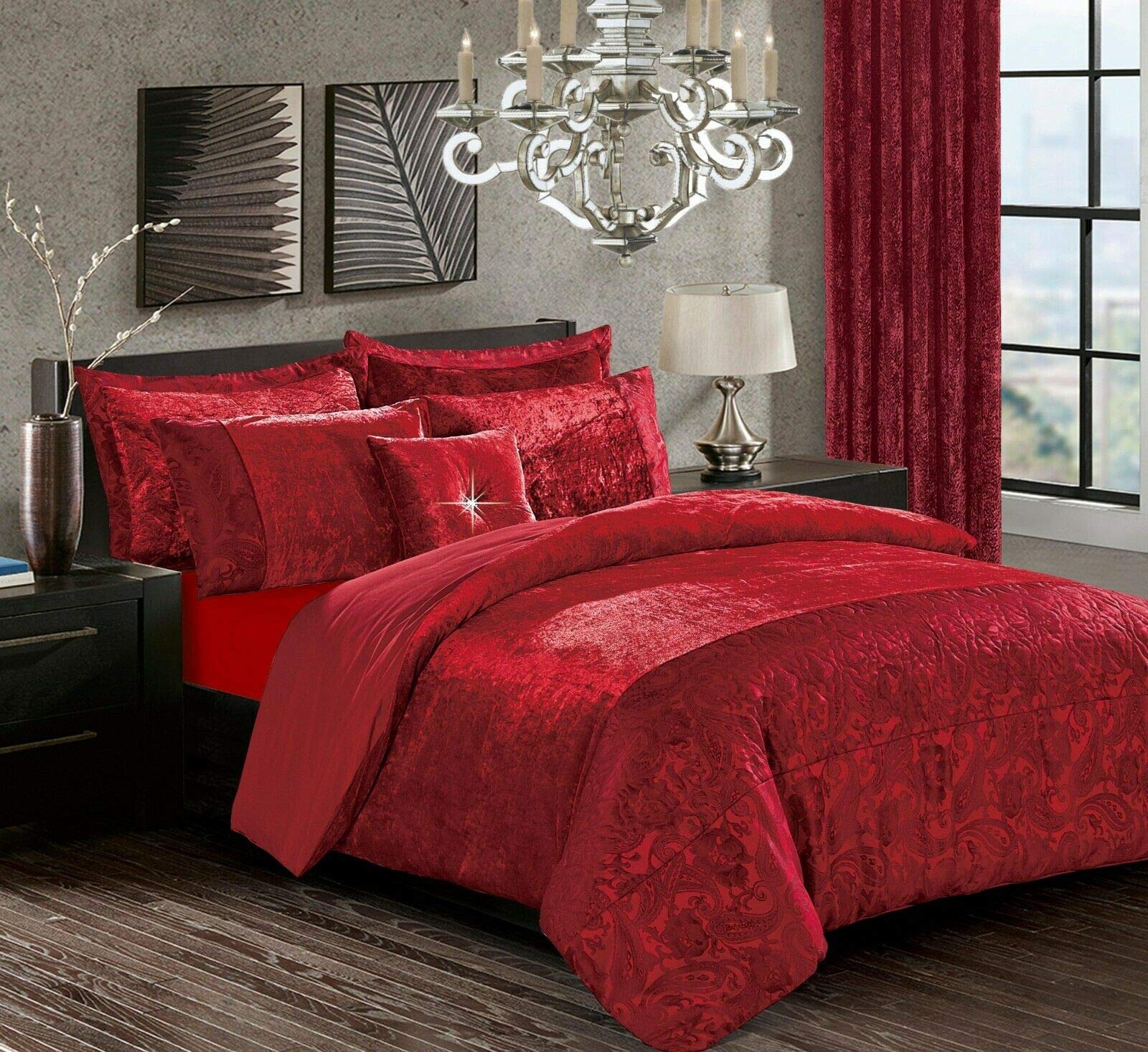 Householdfurnishing Luxury Crushed Velvet 3 Pieces Duvet/Quilt Cover Set Bedding Set With Pillowcases (Burgundy, Double)