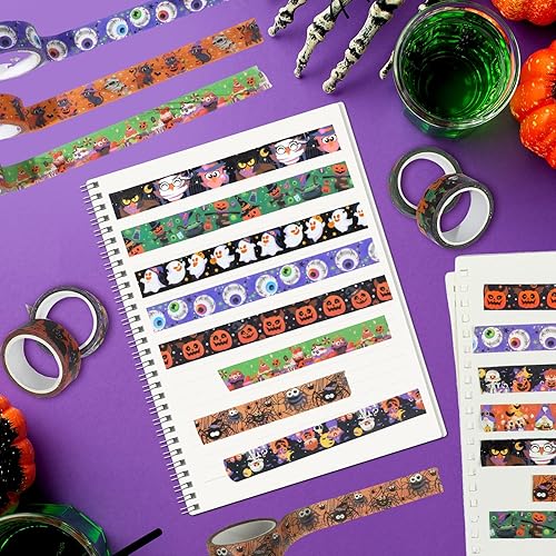 Miniatura 3 de Juego de cintas Washi de Halloween, 12 rollos de calabaza, fantasma, murciélago, araña, cintas adhesivas de papel para álbumes de recortes, diario,