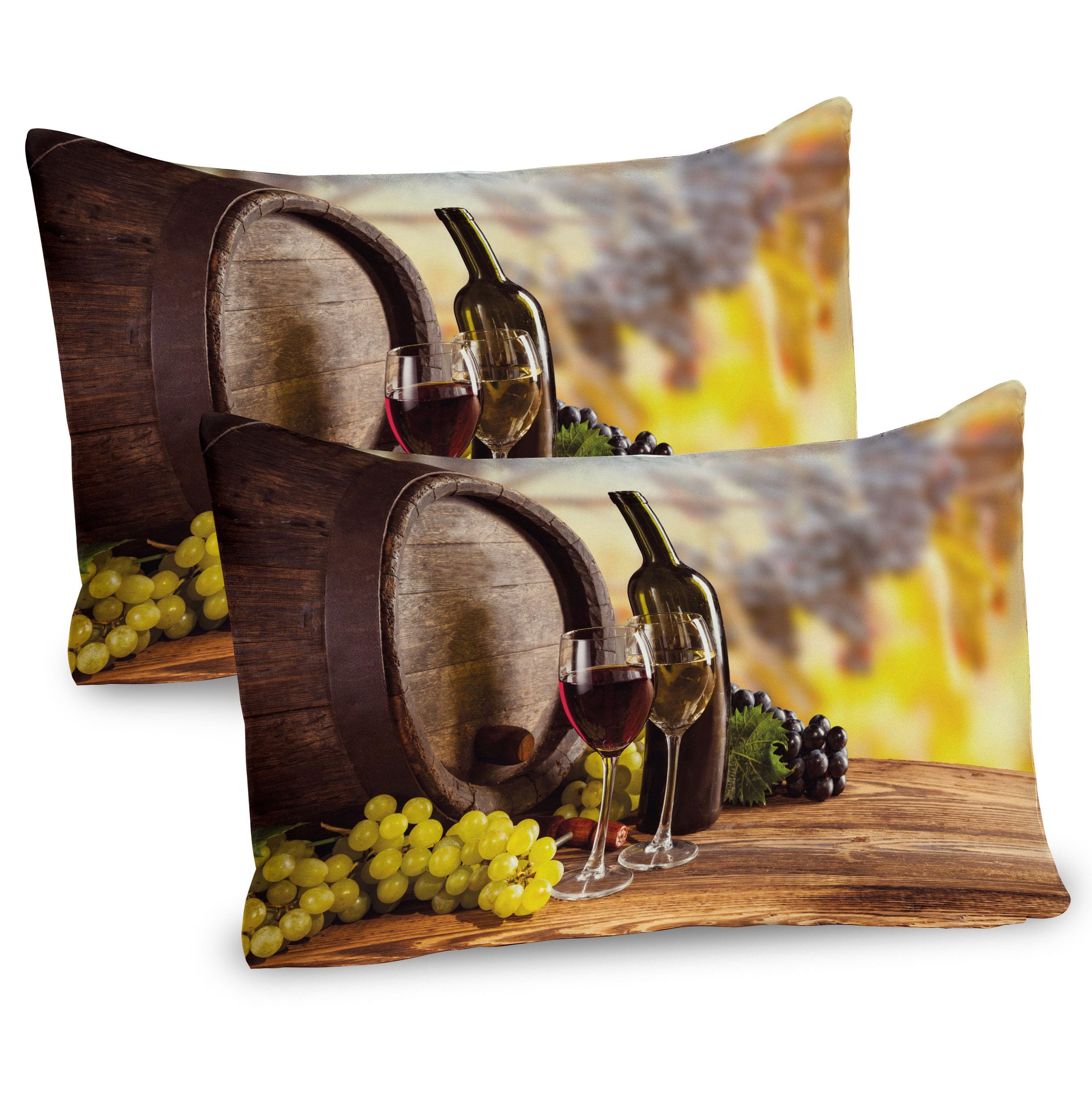 Ambesonne Wine Pillow Sham Set of 2, Red and White Wine Bottle Glass on Wooden Keg Quality Taste Traditional, Quality Microfiber Bedding Item for All Seasons, 36