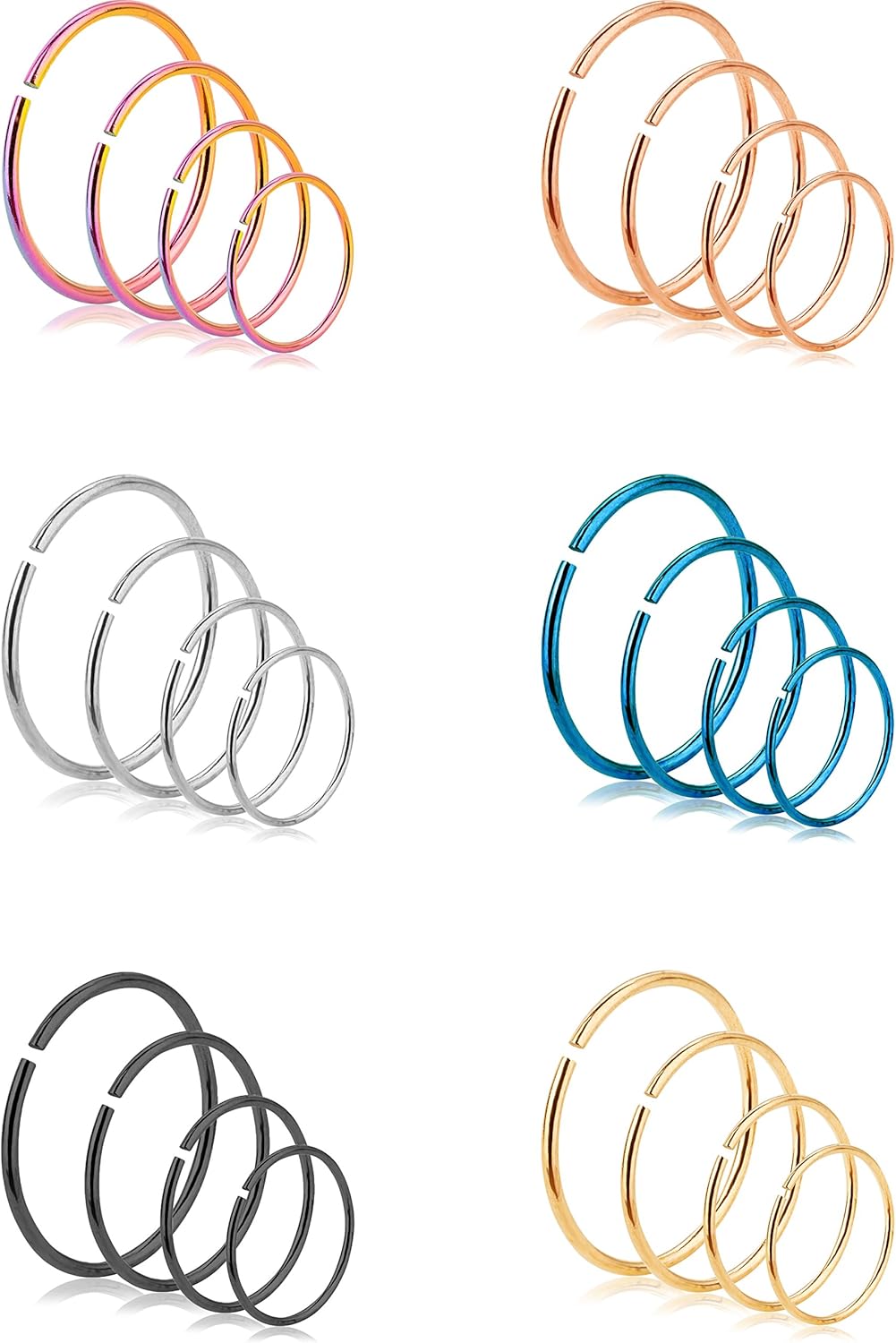 REVOLIA 24Pcs 18-22G 316L Stainless Steel Nose Rings Hoop Cartilage Ear Septum Piercings 6-12mm