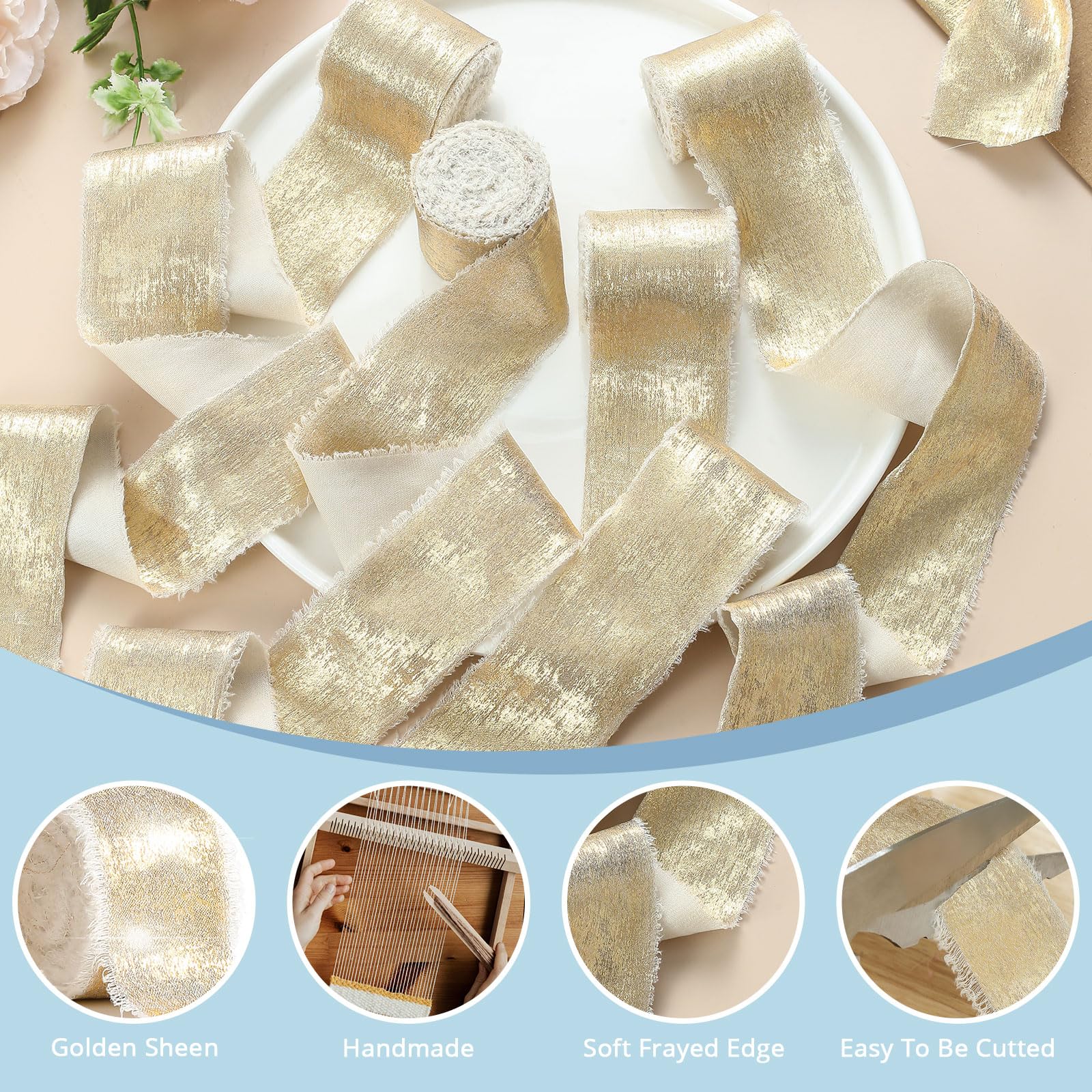 Pretty Jolly Champagne Chiffon Ribbon for Gift Wrapping Handmade Frayed Silk for Flower Bouquet Shimmery Gold Fringe 1 1/2 Inch x 5 Yard 4 Rolls for Hair Wedding Invitations - Image 3