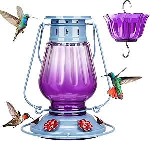 Kingsyard Glass Hummingbird Feeder for Outdoors Hanging - Vintage Lantern Style Leak-Proof Humming Bird Nectar Feeder with 6 Feeding Ports & Ant Moat for Outdoor Garden Decor, 24 Ounce, Purple asin的图片