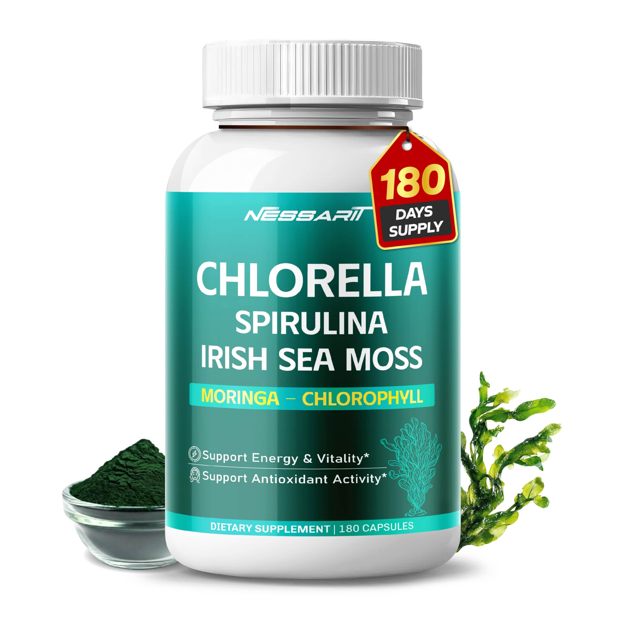 Complete 14-in-1 Chlorella with Spirulina & Sea Moss, 180 Capsules 180 Count (pack of 1)