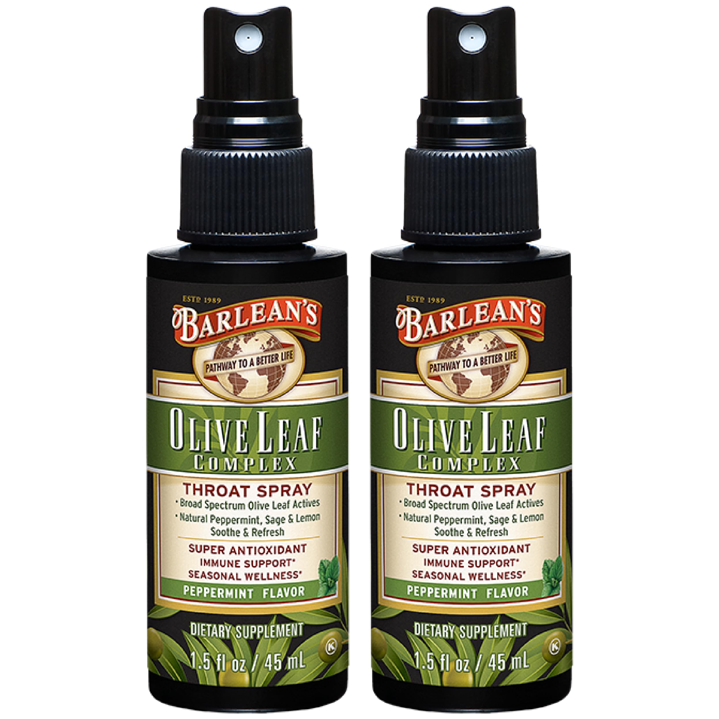 Barlean's2 Pack Olive Leaf Complex Throat Spray with Peppermint, Lemon, and Sage for Itchy Throat Relief, Immune Support Supplement, Liquid Blended Extract, 1.5 oz