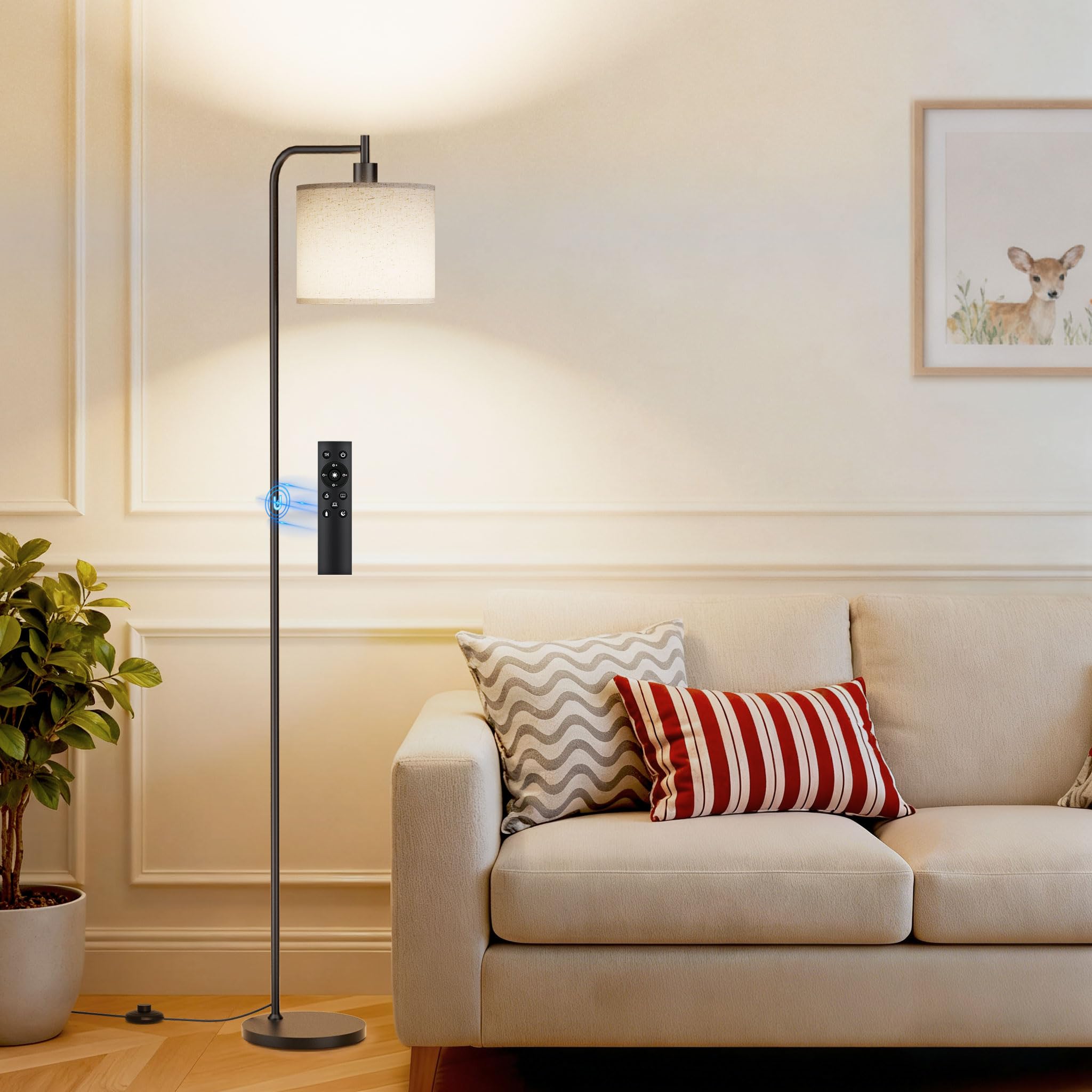 Photo 1 of SIBRILLE Floor Lamp with Linen Shade, Dimmable Tall Standing Lamp with Remote Control & 3 Color Temperatures, Modern Corner Floor Lamps for Living Room Bedroom Office, 9W LED Bulb Included
