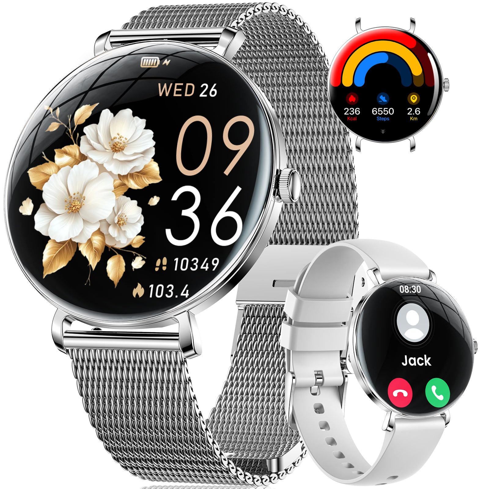 Montre Connectée Femme avec Appel Bluetooth, 1.43" HD AMOLED Smartwatch pour Android iOS, Santé Au Féminin, Montre de Fitness 100+ Modes Sportifs, Sommeil, Fréquence Cardiaque, Podometre Calories,IP68