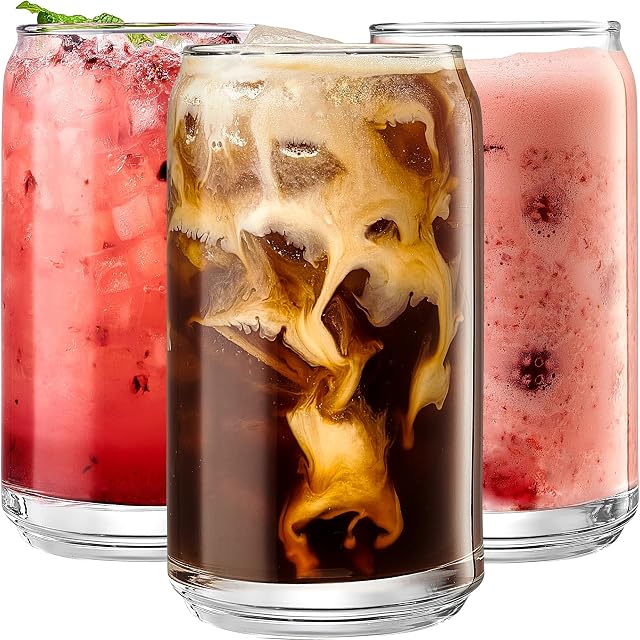 Ensemble de verres à boire 6 - Tasses en verre en forme de boîte Verres Highball, 16oz Verres à canettes, verres à café glacés, verres de thé glacé, tasse à tumbler, verres pour cocktails, verres en verre à eau transparent à whisky Soda.