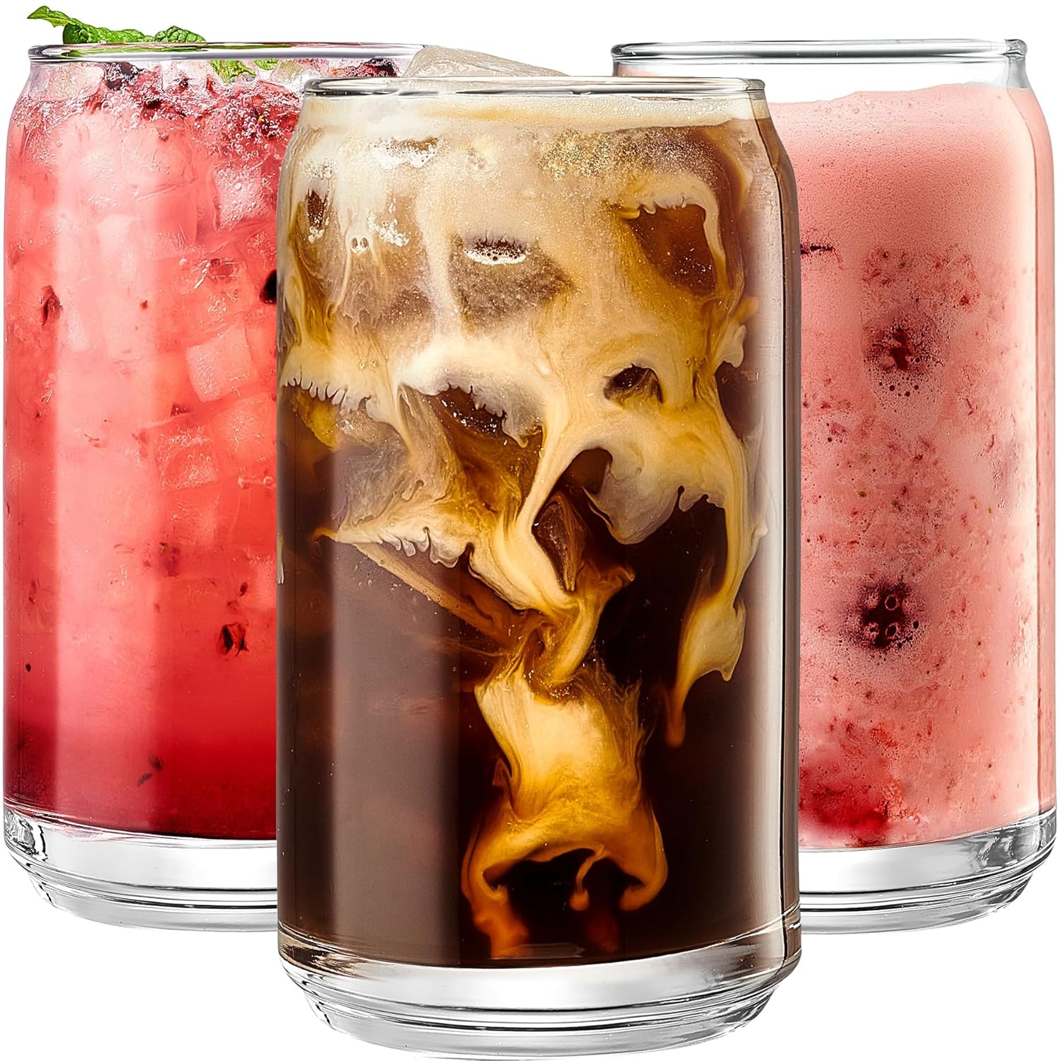 Leraze Set of 6 Patented Can Shaped Drinking Glasses - 16oz Clear Goblet Glass Cups for Margarita Cocktails
