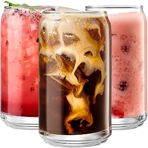 Leraze Set of 6 Patented Can Shaped Drinking Glasses - 16oz Clear Goblet Glass Cups for Margarita Cocktails