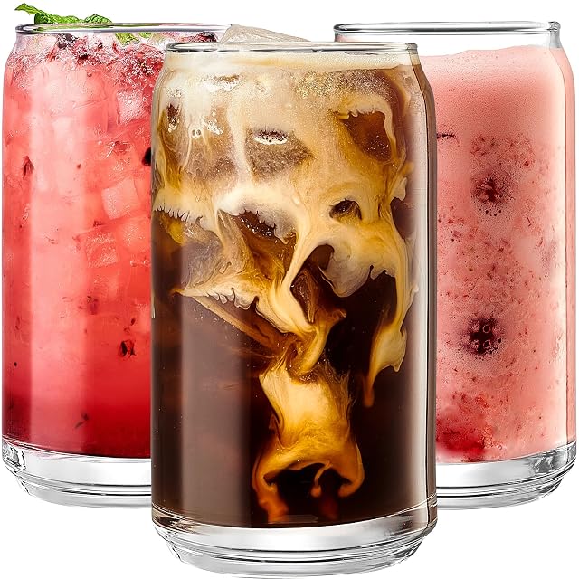 Leraze Set of 6 Patented Can Shaped Drinking Glasses - 16oz Clear Goblet Glass Cups for Margarita Cocktails