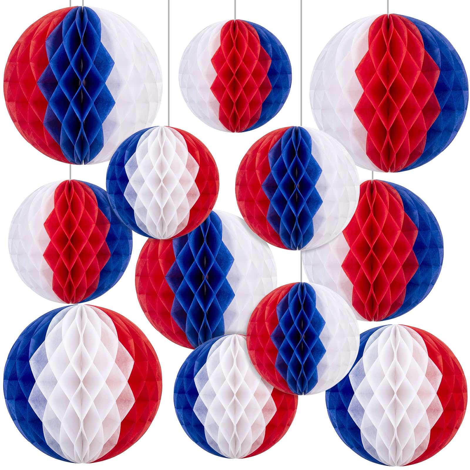 Dunzoom 12 Pcs 250th Anniversary 4th of July Decorations Set 6" 8" 10" 12" Patriotic Honeycomb Balls Blue White Red Hanging Round Tissue Paper Pom Poms for Independence Day Memorial Party Decor