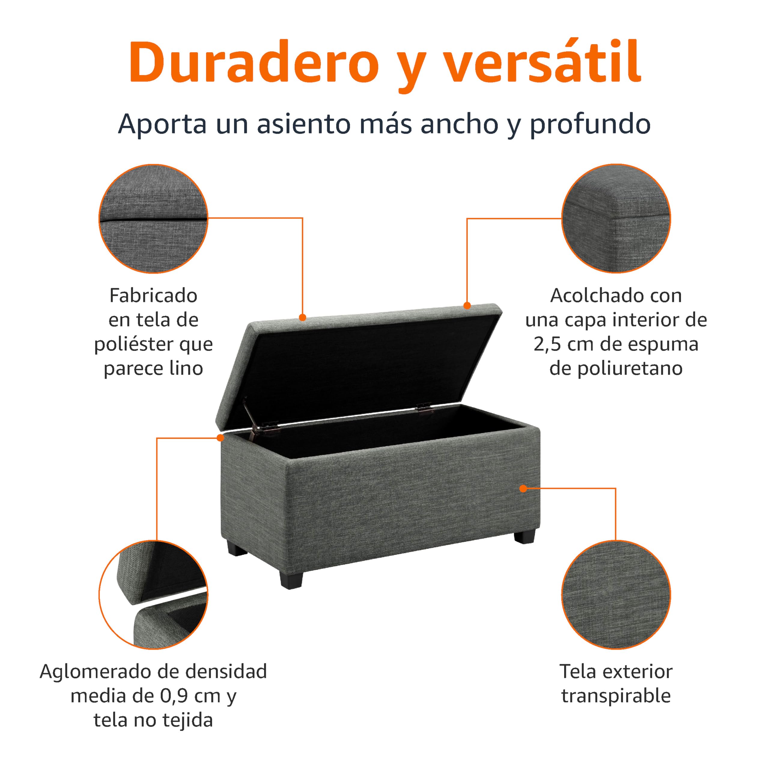 Amazon Basics Banco rectangular acolchado para entrada con almacenamiento, para dormitorio, pasillo, otomana, aspecto de lino, gris oscuro, 42 x 91 x 43 cm