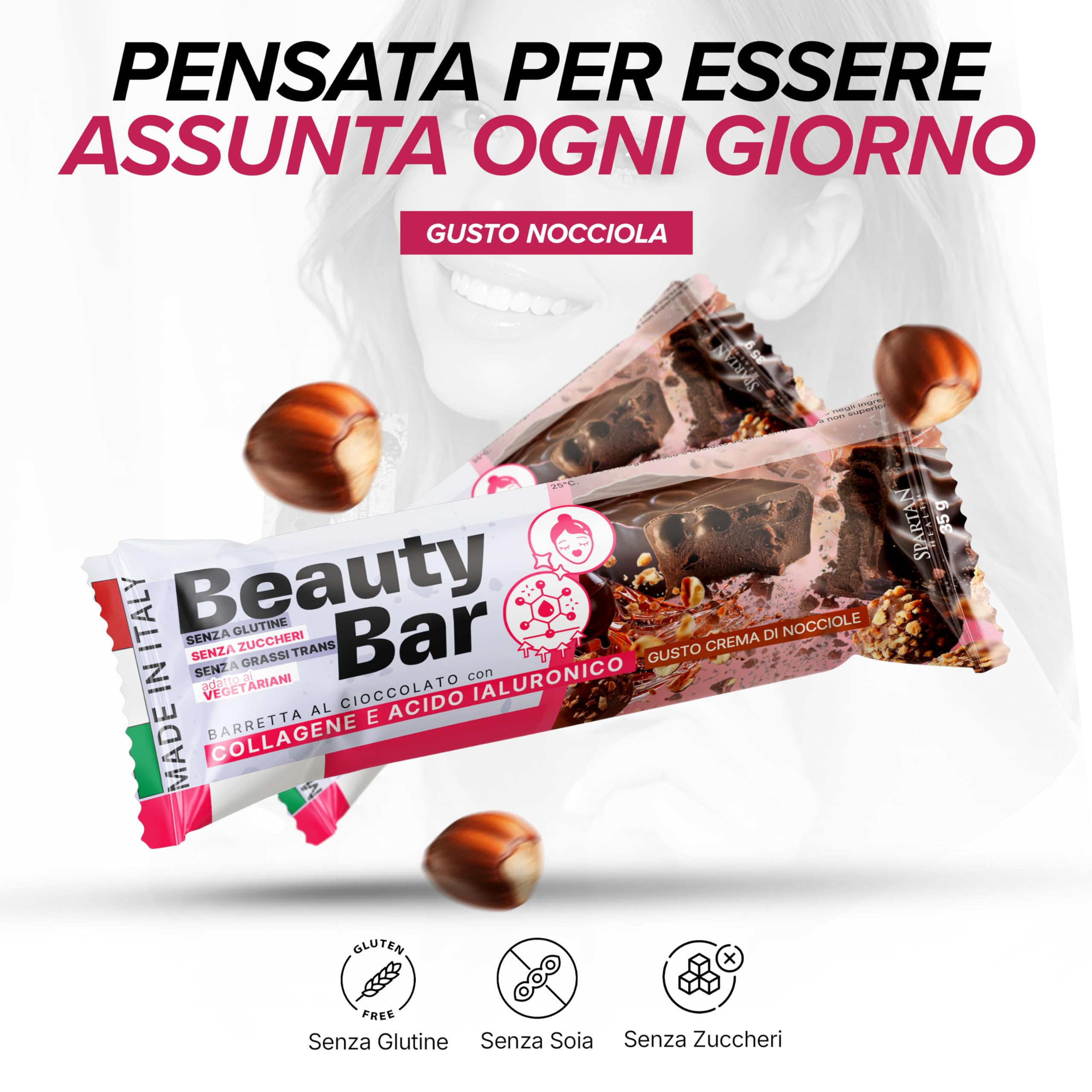 Spartan Health – Beauty Bar – Snack Collagene e Acido Ialuronico – Barretta di Bellezza e Anti-Aging – Senza Zuccheri Aggiunti – Kit Barrette Bellezza 12 Pezzi - (Crema di Nocciole)
