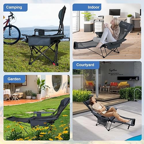 Miniatura 8 de Paquete de 2 sillas reclinables de camping de 4 posiciones con reposapiés, cómoda para adultos, silla de playa plegable de malla de 265 libras, con