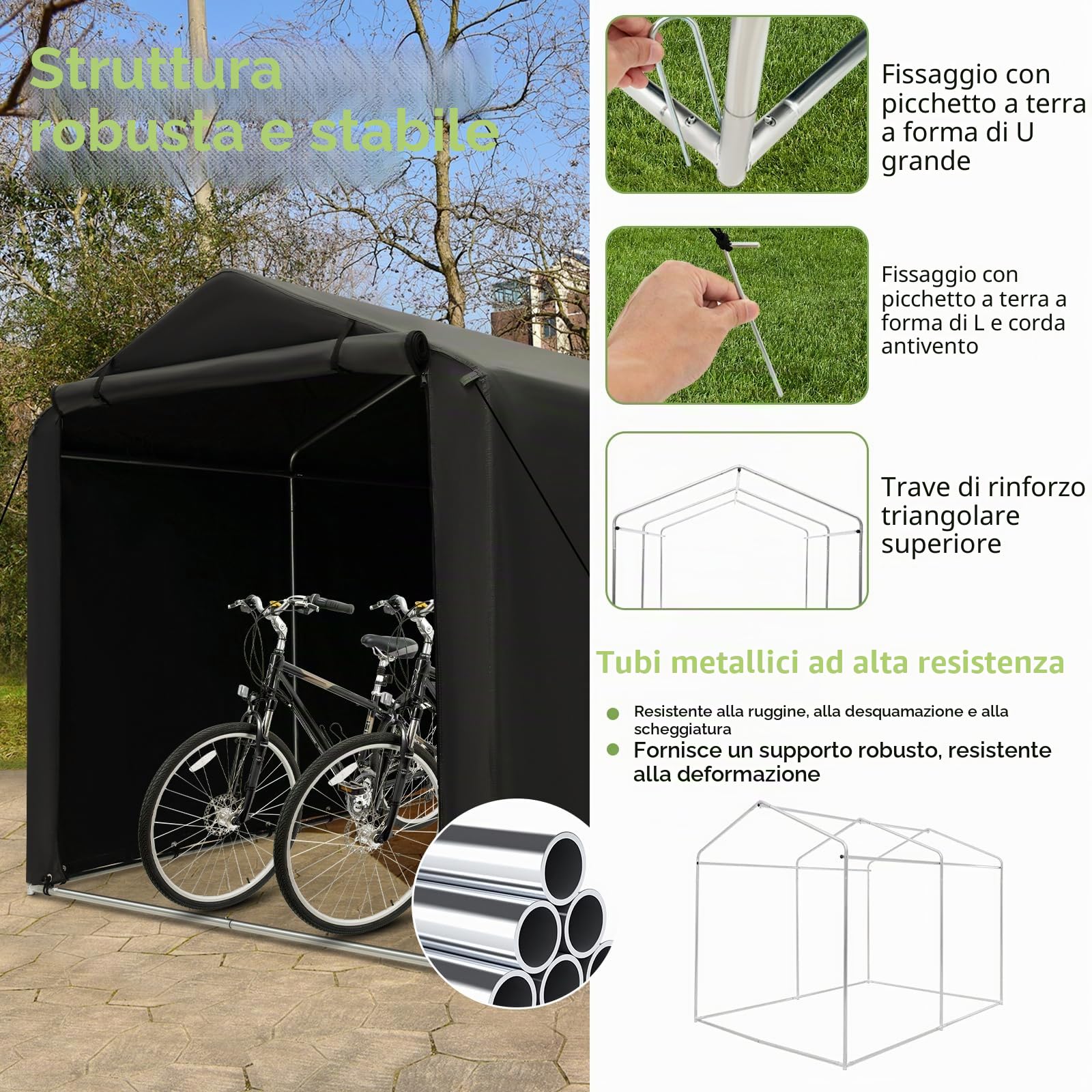 SOARS Capanno da Giardino 218 X 160 X 164 CM, Tenda Garage per Bici Moto Attrezzi, con Copertura en PE Impermeabile, Porta con Cerniera, Telaio in Metallo, Picchetti, per Esterno (Grigio Scuro)