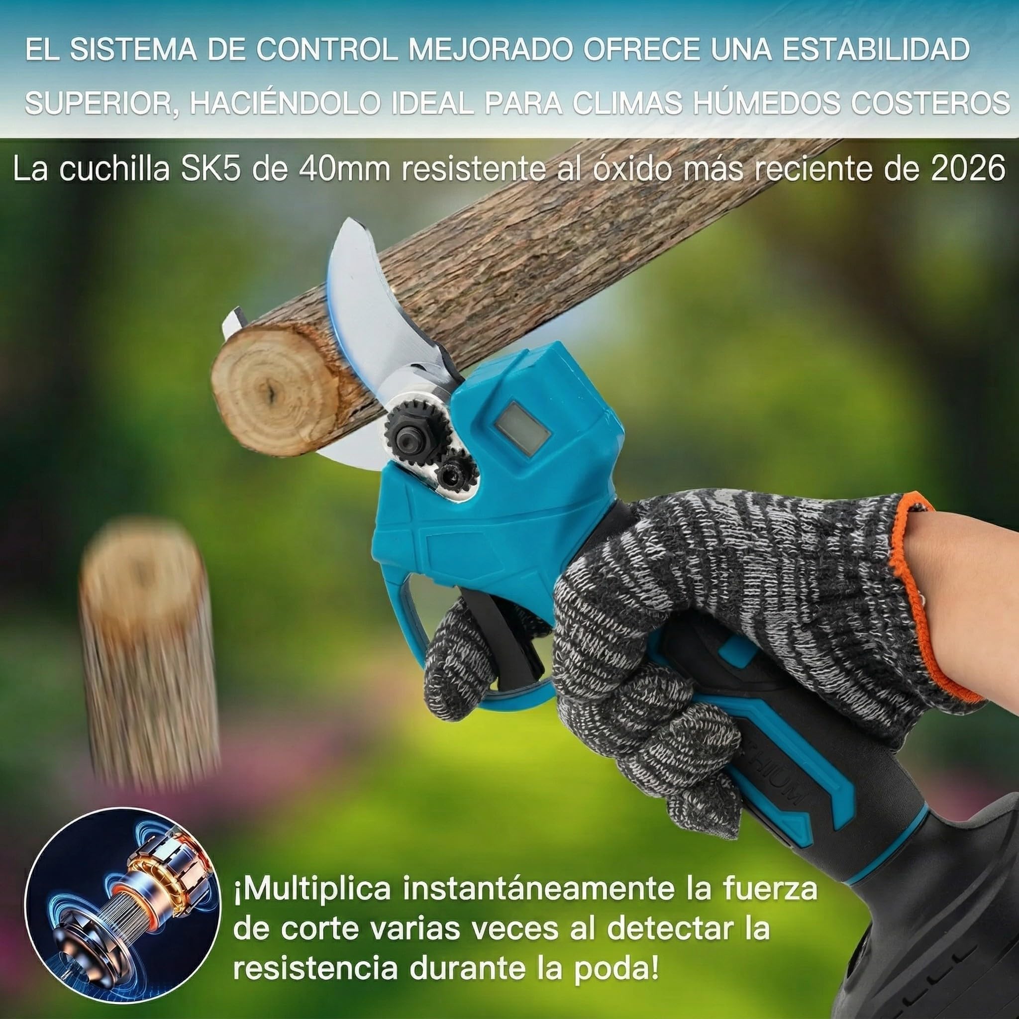 Tijeras de Poda Eléctricas 21V, 600W Inalámbricas, 40mm de Capacidad de Corte, con 2 Baterías 2.0Ah y Cargador Rápido, para Jardinería, Huerto y Trabajos Agrícolas