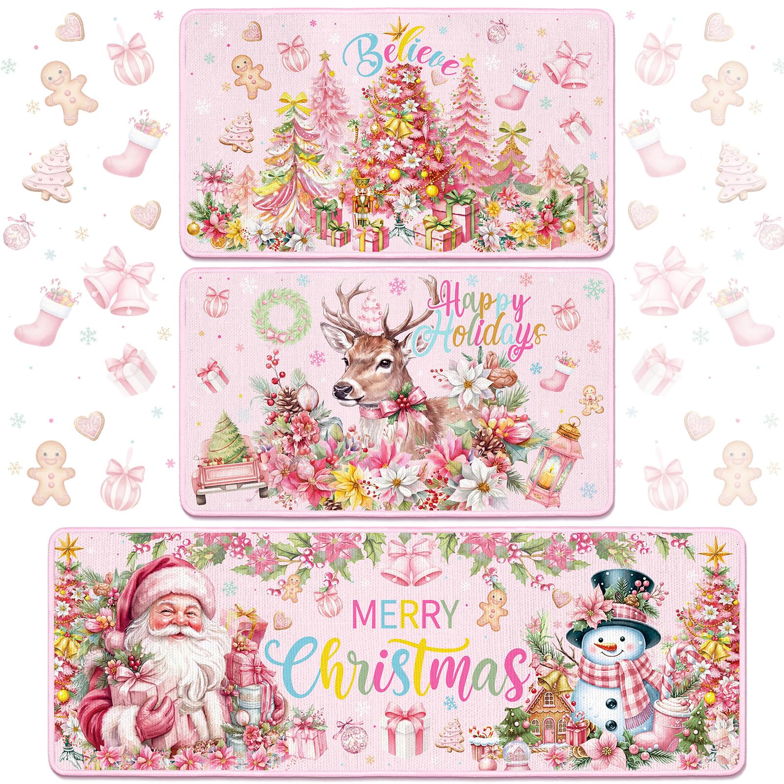 Sonwyoung 3 Pcs Christmas Kitchen Rugs and Mats Set, Non Slip Floor Mats | Watercolor Pastel Anti-fatigue Runner Rugs, Pink Santa Snowman Washable Doormat for Farmhouse Home Bathroom Indoor Decor