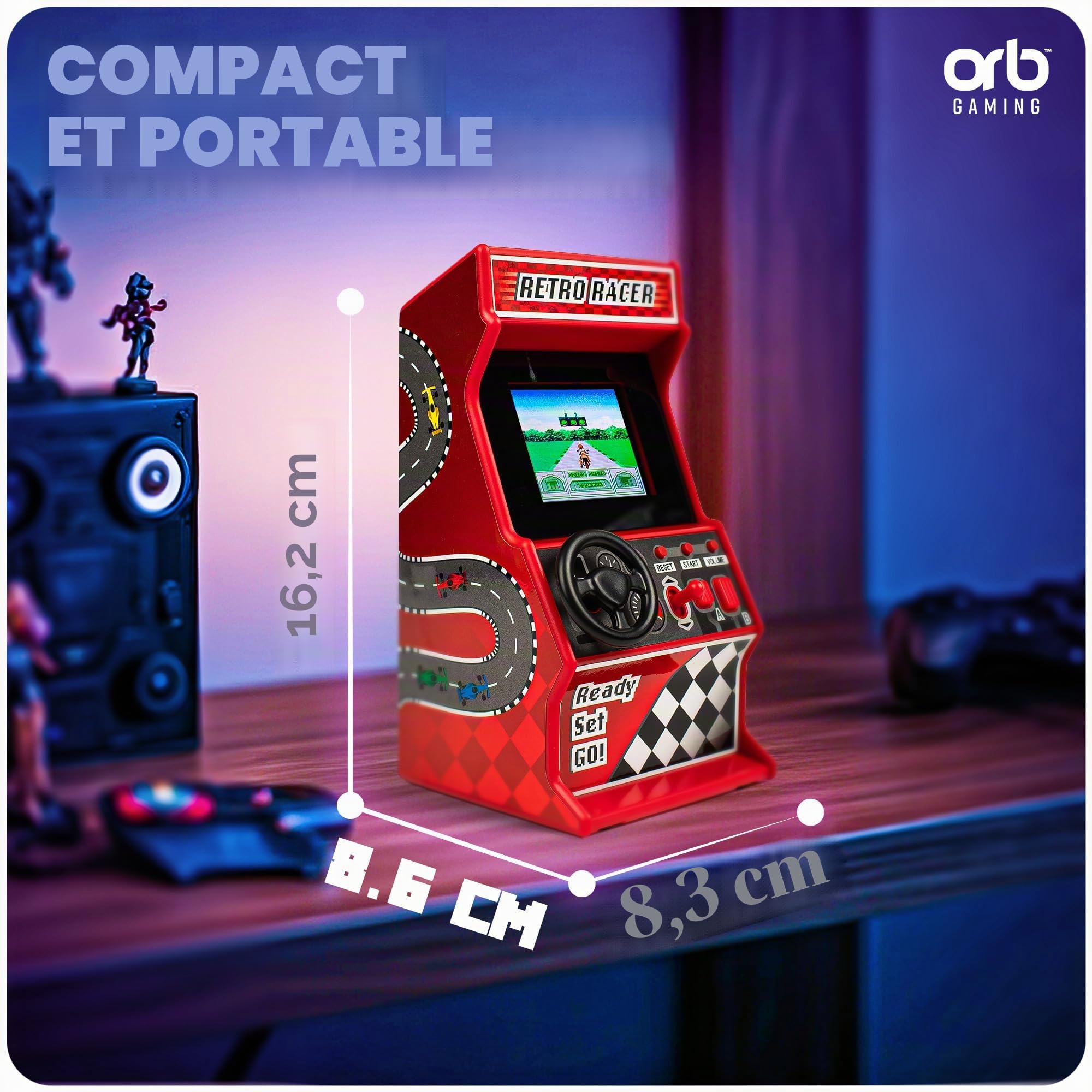 Orb Mini Machine de Course d'arcade, 30 Jeux de Course 8 Bits intégrés, Jeux de Voiture, vélo, Bateau et Ski, écran Couleur 2,4", Volant, Levier de Vitesse, 2 Boutons, Cadeau Parfait - ThumbsUp!