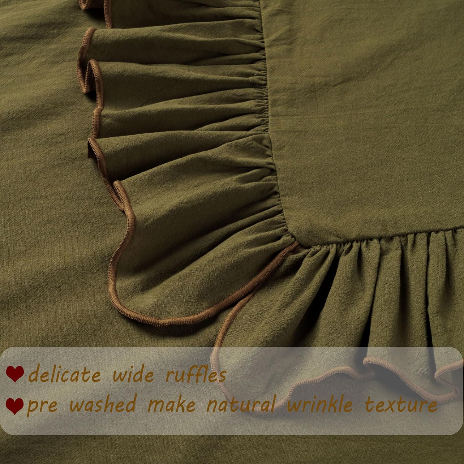 Zealax Olive Green Gorgeous Ruffle Throw Pillow Covers 18x18 Inch, Chic Washed Cotton Pillow Cases Decorative Vintage Pillow Shams Cushion Cover for Bed Couch Living Room Farmhouse Decor, Set of 2 - Image 2