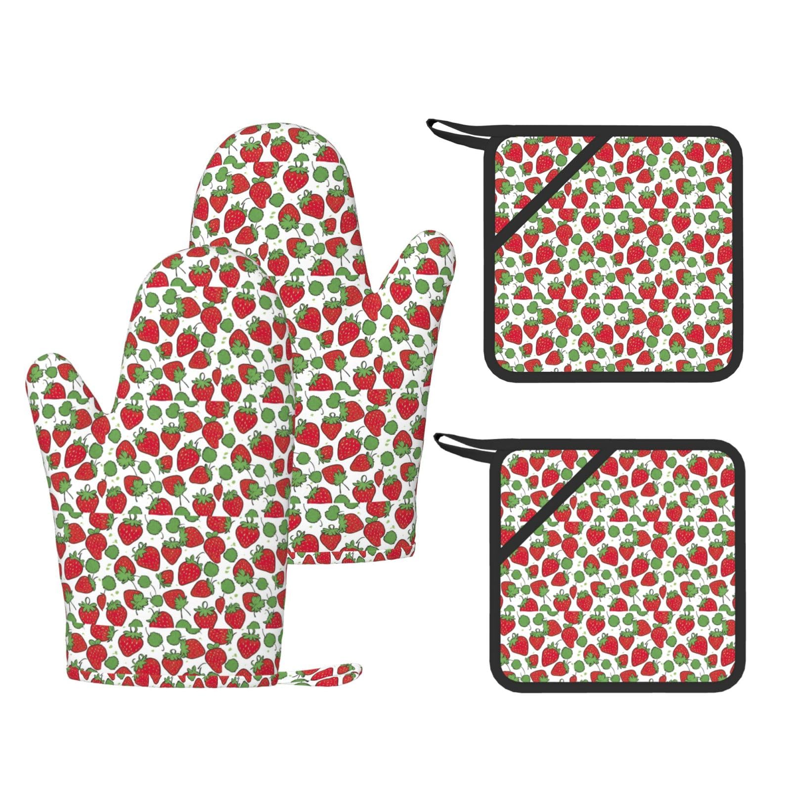 Strawberry pattern Stylish Printed Kitchen Set Including Heat Resistant Gloves and Non-Slip Hot Pads for Cooking BBQ