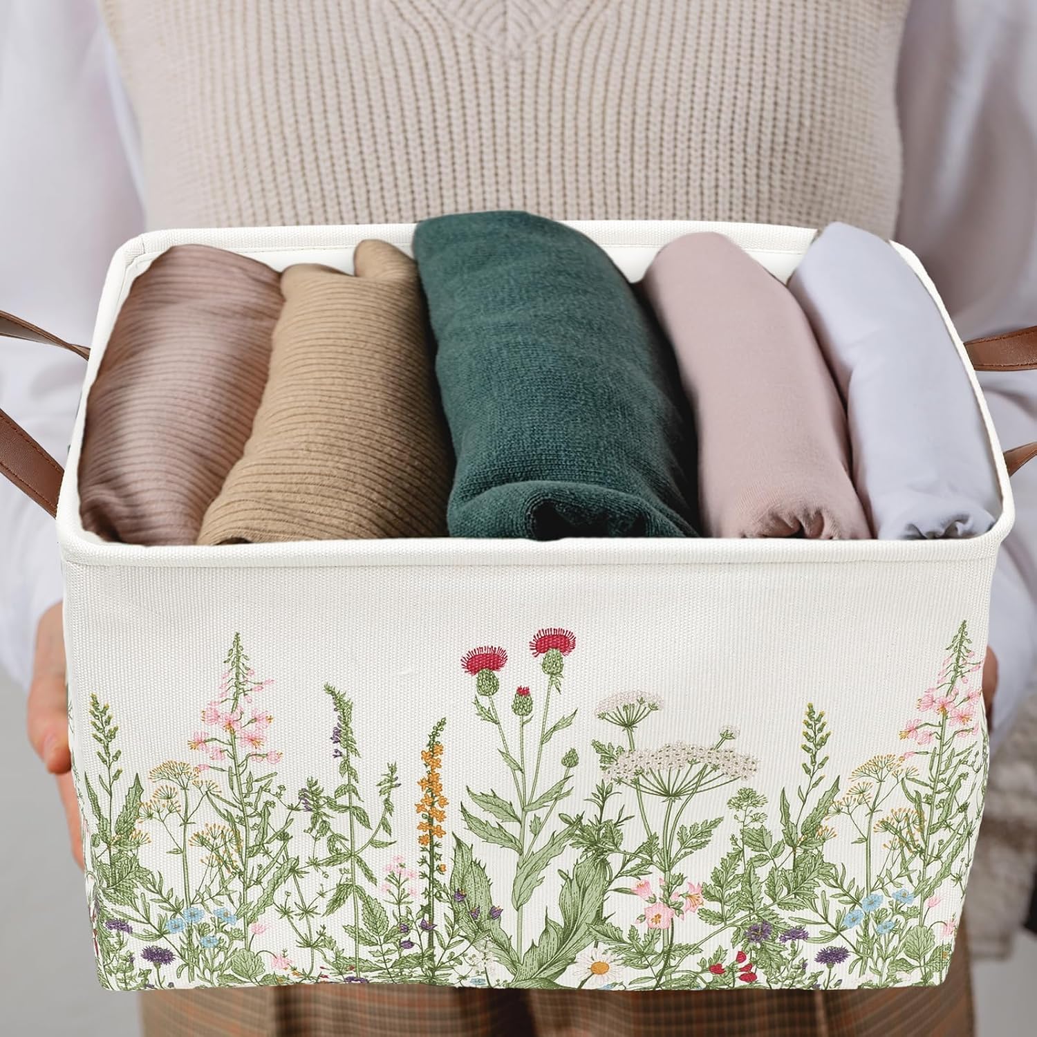 FYSUIMU 2Pcs Vintage Wildflower Rectangle Storage Basket 15 x 10.2 x 9.4 Inch Green Floral Foldable Open Toy Organizer Bag with Handle Large Laundry Dirty Cloth Storage Bin for Bedroom Shelves Closet