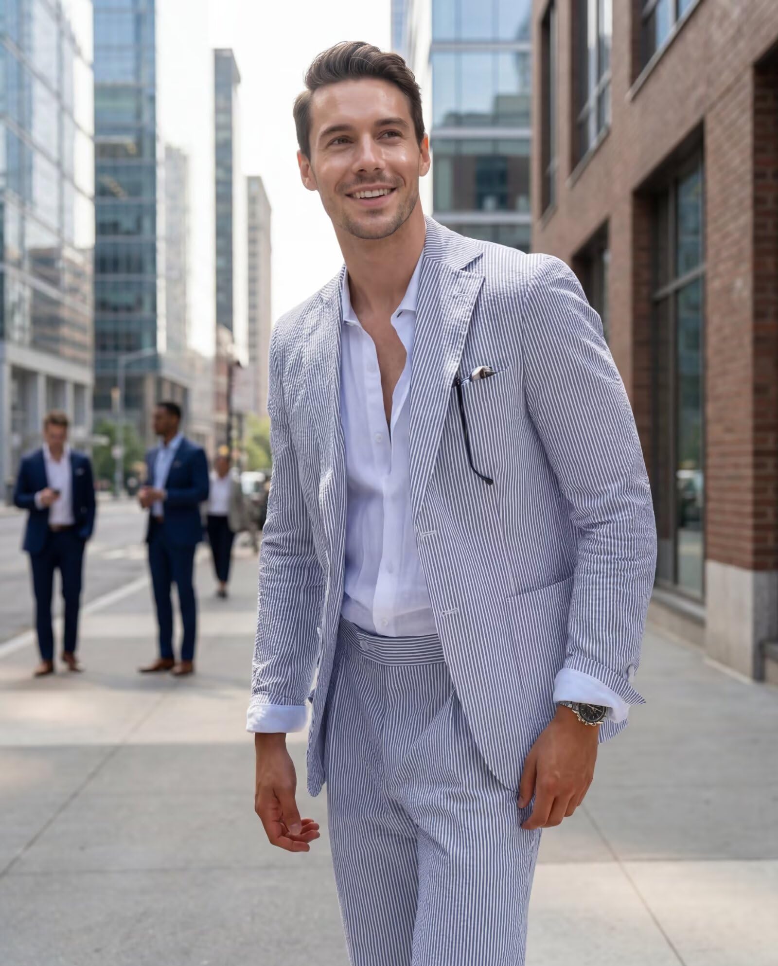Completo da uomo in seersucker blu, 2 pezzi, per estate, spiaggia, matrimonio, sposo, abito a righe, con blazer e pantaloni, set leggero traspirante