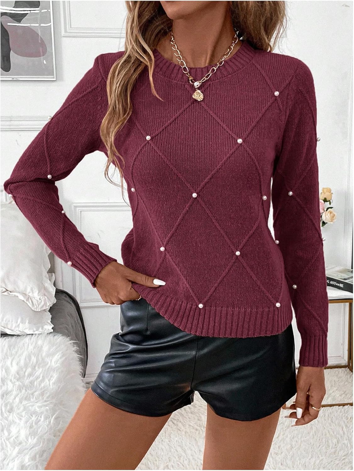 Verdusa Women's Business Casual Outfits Elegant Holiday Sweaters Pearl Long Sleeve Textured Knit Pullover Tops - Image 6
