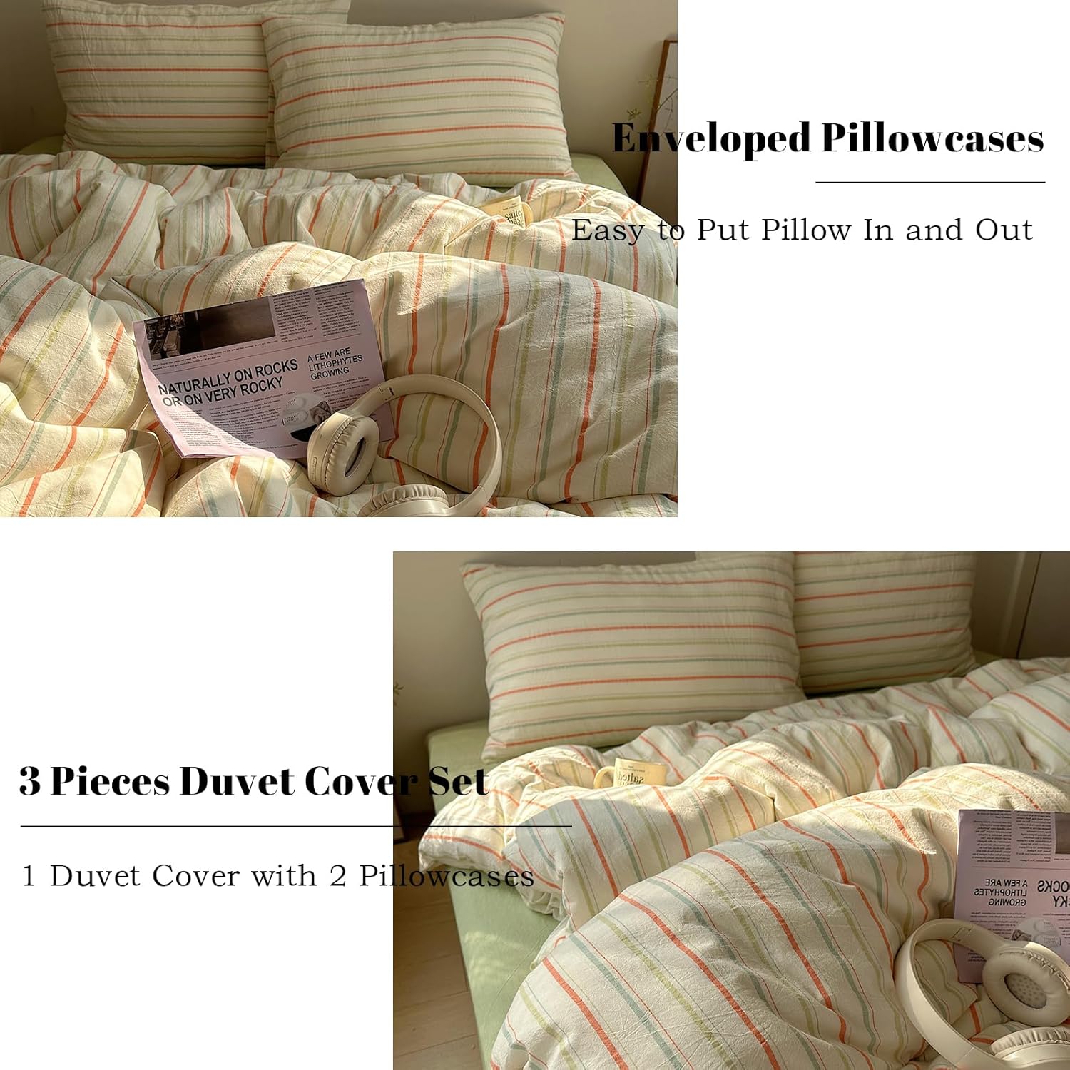 EAVD Retro Striped Duvet Cover Set Queen Size 100% Cotton Vintage 3-Pieces Stripes Bedding Set with 2 Pillowcases Farmhouse Geometric Comforter Cover with Zipper Closure(Orange&Blue&Green, Queen)