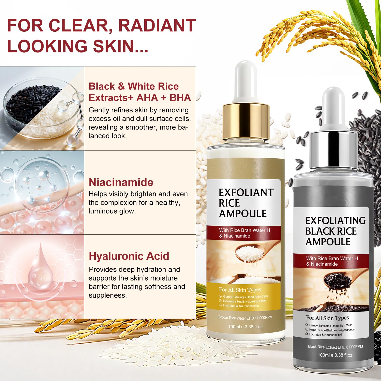 Peel Shot Glow Rice Ampoule Duo, Coreano Esfoliante al riso, Prodotti esfolianti di riso nero delicato che aiutano a rimuovere le teste nere e la pelle morta, la cura dei pori