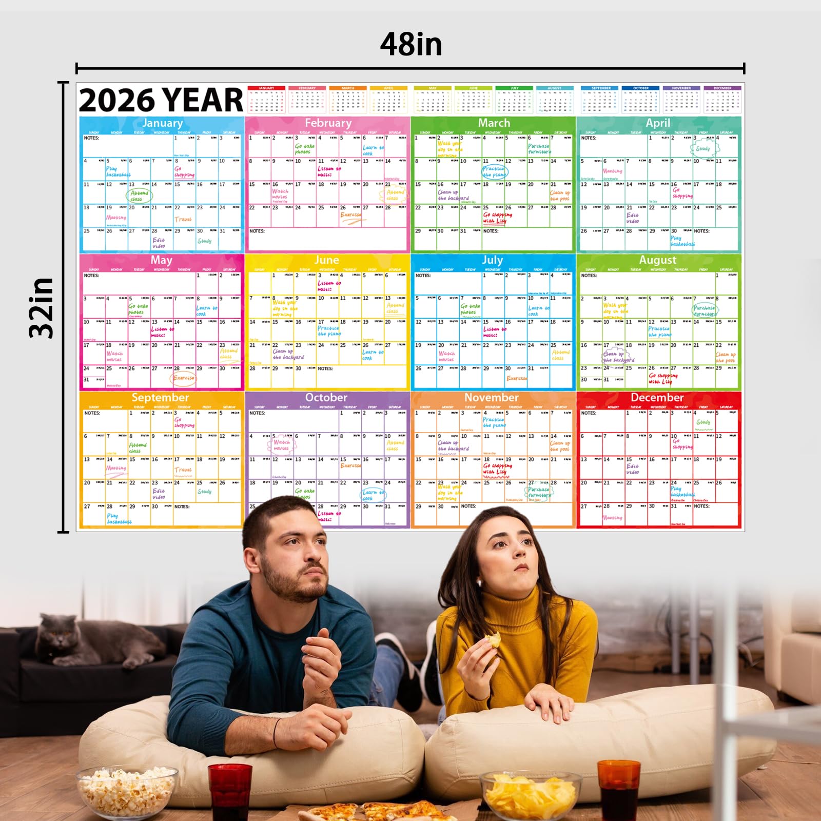 Jahres-Wandkalender 2026–2027, groß, laminiert, löschbar, Jahresplaner, nass und trocken abwischbar, 24 Monate, Jahreskalender für Büro, Schule, Zuhause, Organisation, Faltpaket, 121,9 x 81,3 cm