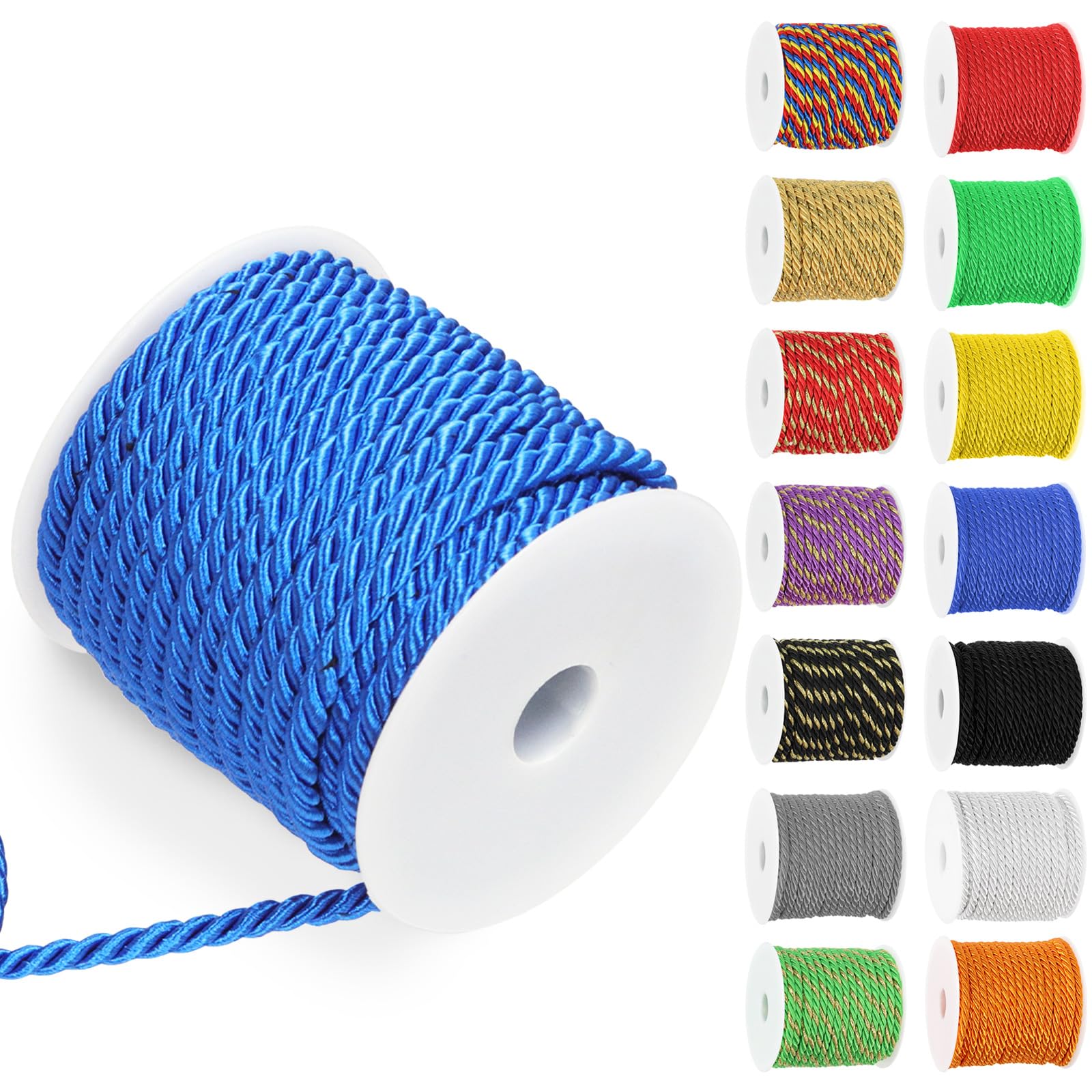 Swpeet 5mm 19 Yards Blue Twisted Cord 3-Ply Polyester Twisted Decorative Cord Shiny Viscose Cording Thread for Sewing & Crafting Home Decor Curtain Tieback, Craft Gift Bag, Graduation Honor Cord — image 1