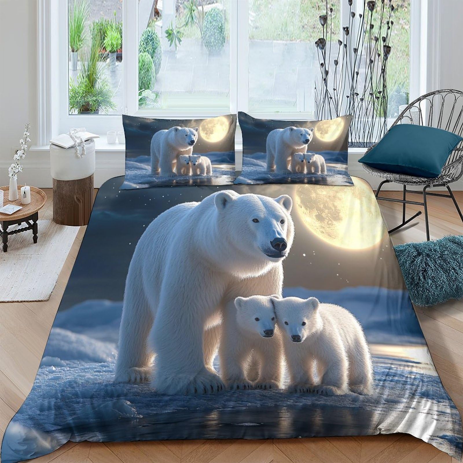 TUFRTGYHN 3D Printed Polar Bear Moon Duvet Cover Microfiber Soft Breathable Arctic Wildlife Bedding Set with 2 Pillowcases for Bedroom Decor Single（135x200cm）